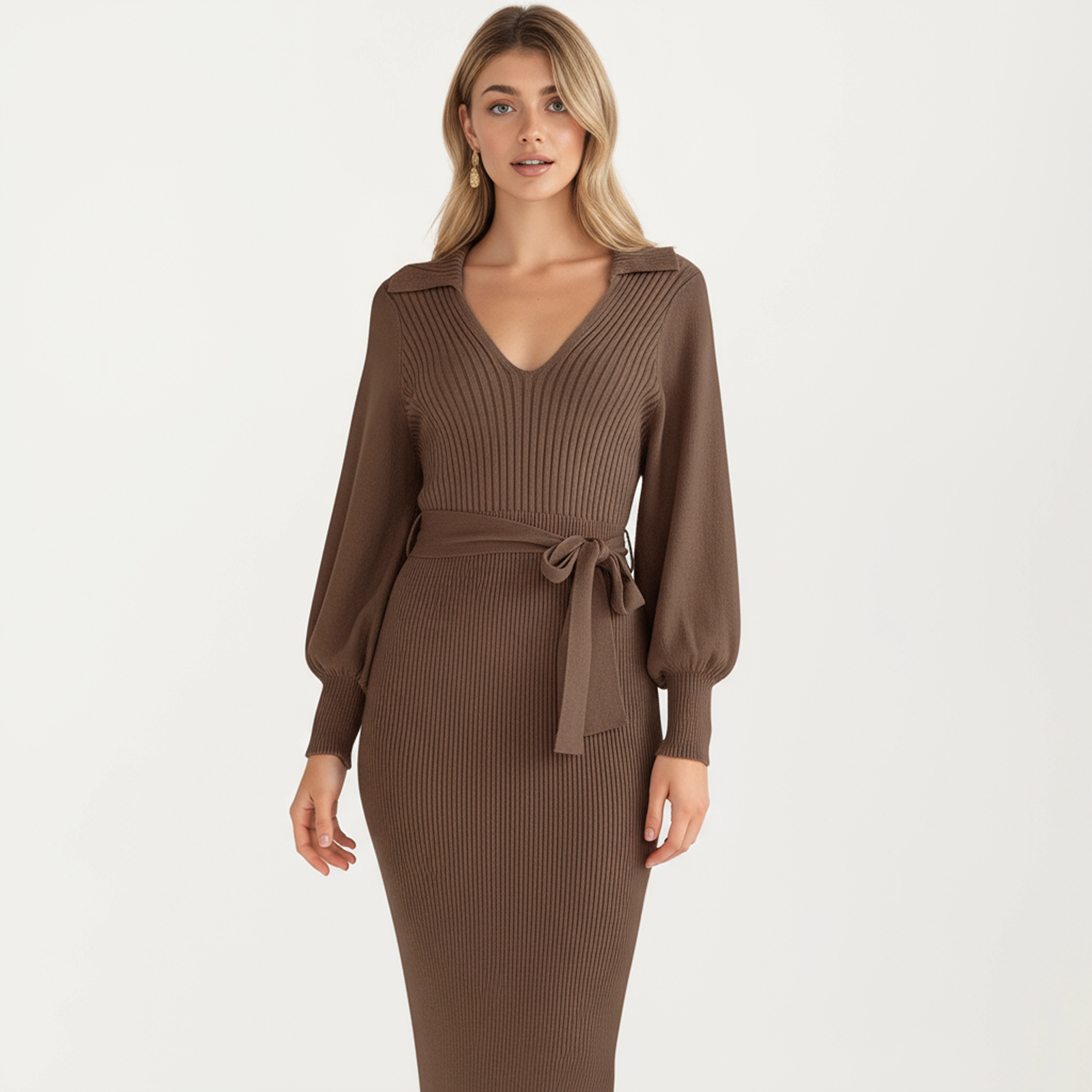 Anna-Kaci Women's Long Sleeve Ribbed Knit V-Neck Waist Tie Midi Dress