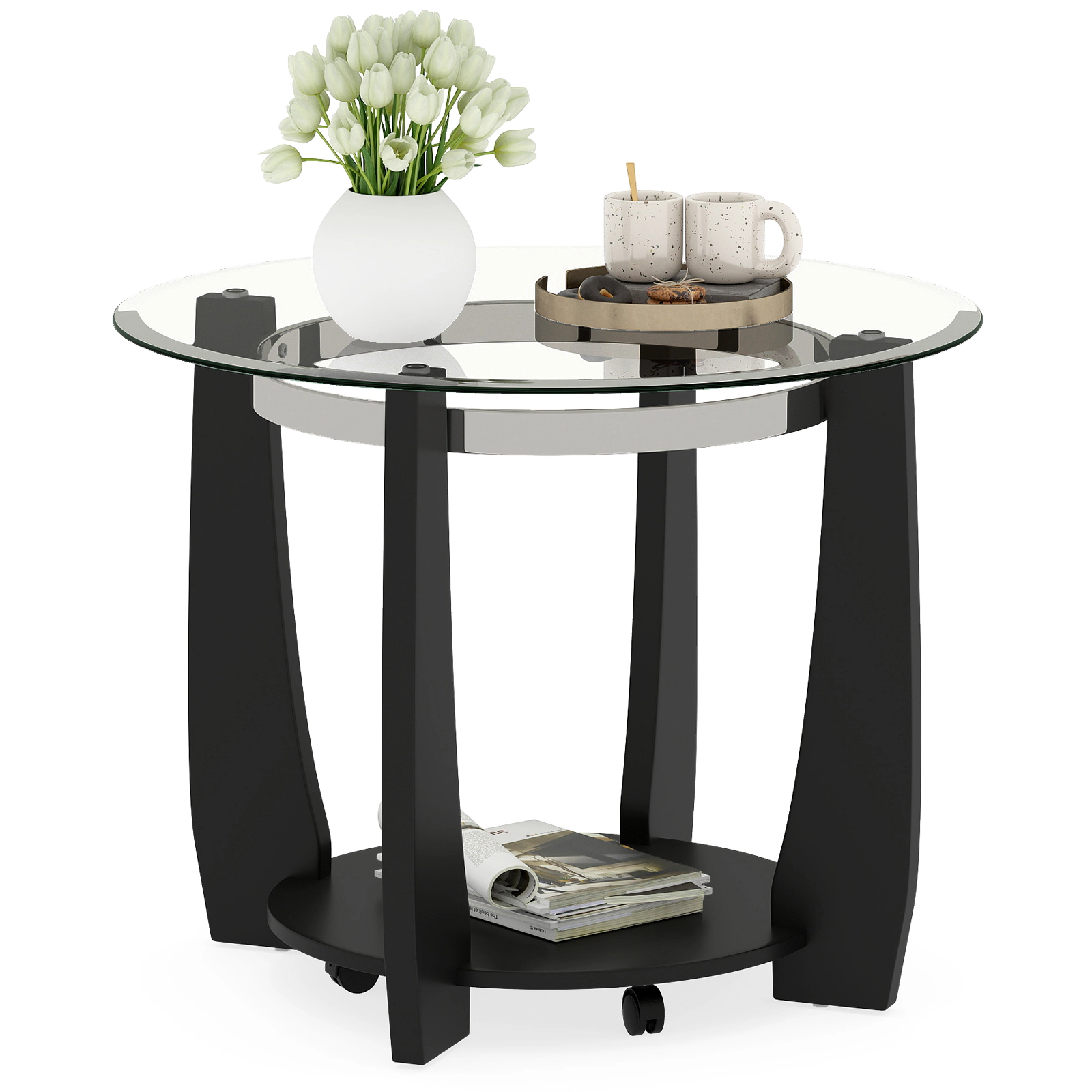 SUGIFT 2-Tier Round Tempered Glass Top Wood Legs 4 Wheels Coffee Table 32-in x 32-in x 20.5-in 300-lb Capacity Black