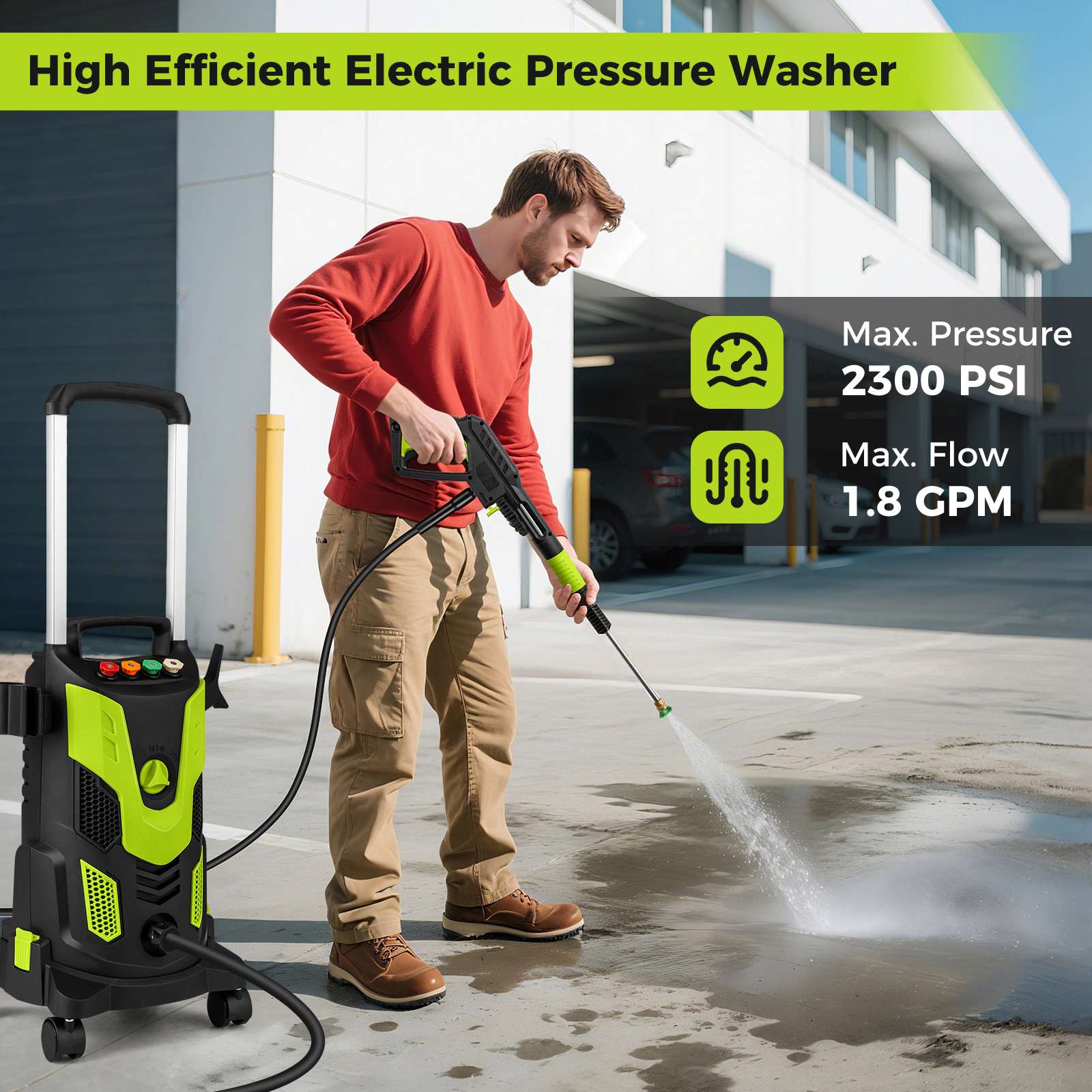 SUGIFT 2300-PSI 1.8-GPM Green Electric Power Washer with Telescopic Handle and 4 Connect Nozzles