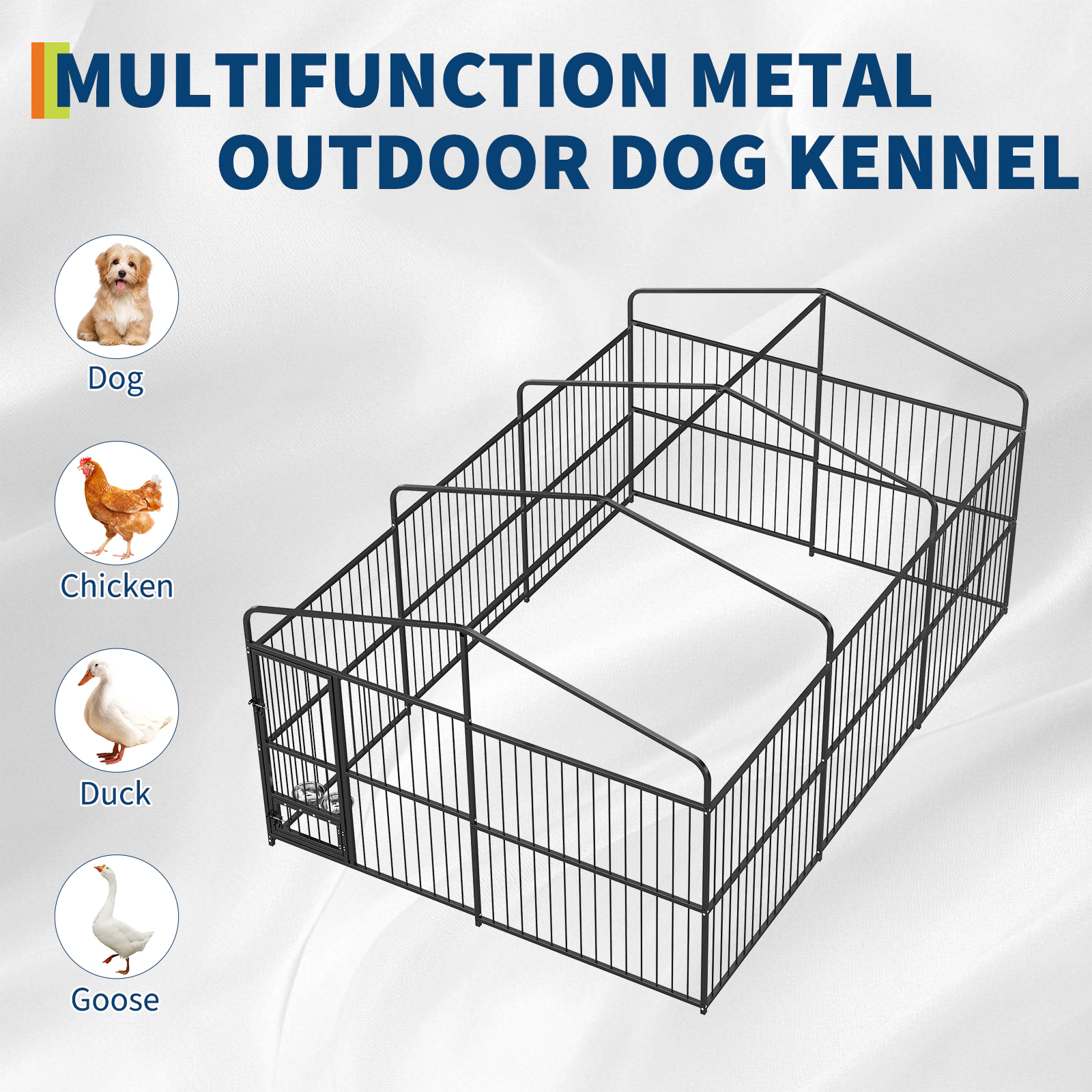 Heavy Duty Outdoor Dog Kennel for Large Dogs, Walk-in Cage with Roof & Feeding Doors for Garden