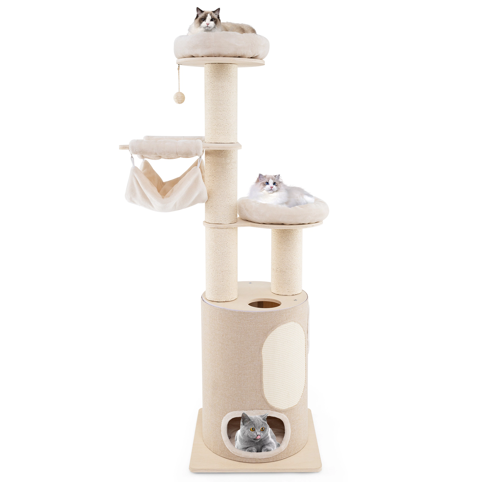 SUGIFT 74-in Natural Cat Tree for Large Cats with 2-Story Bamboo Condo 4 Cat Holes and 2 Hammocks