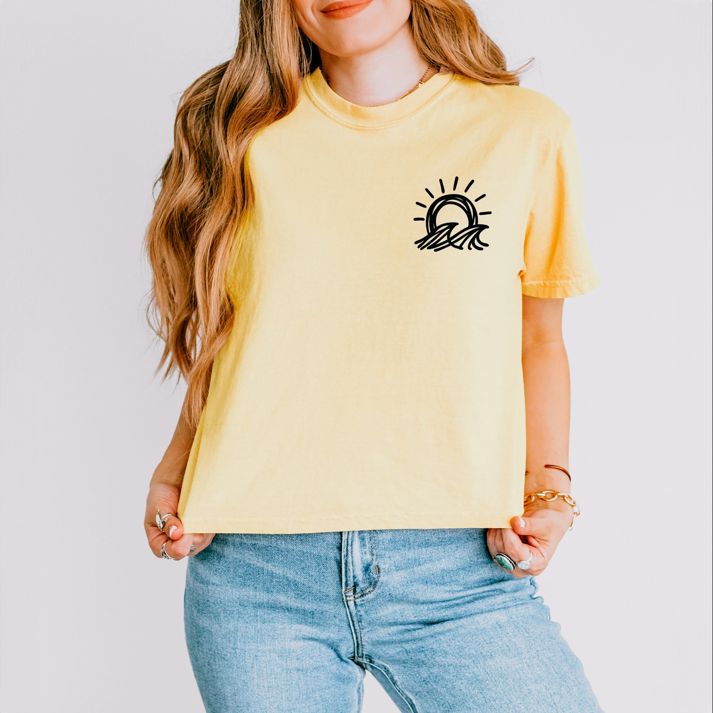 Simply Sage Market - Sun and Waves Sketch Women's Boxy Crop Top Graphic T-Shirt