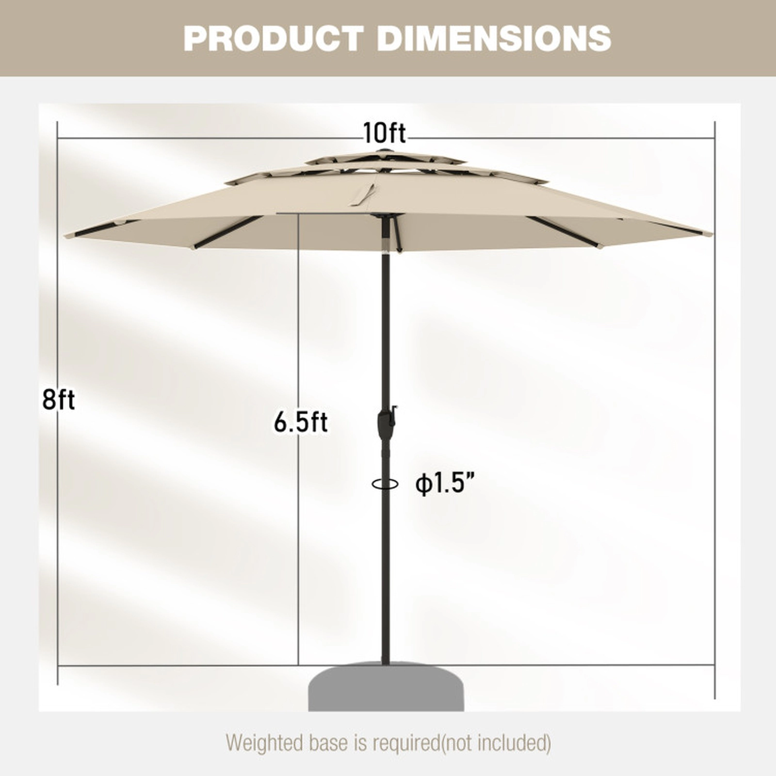 SUGIFT 10 ft Beige 3-Tier Vented Patio Umbrella with Crank Lift, Push-Button Tilt
