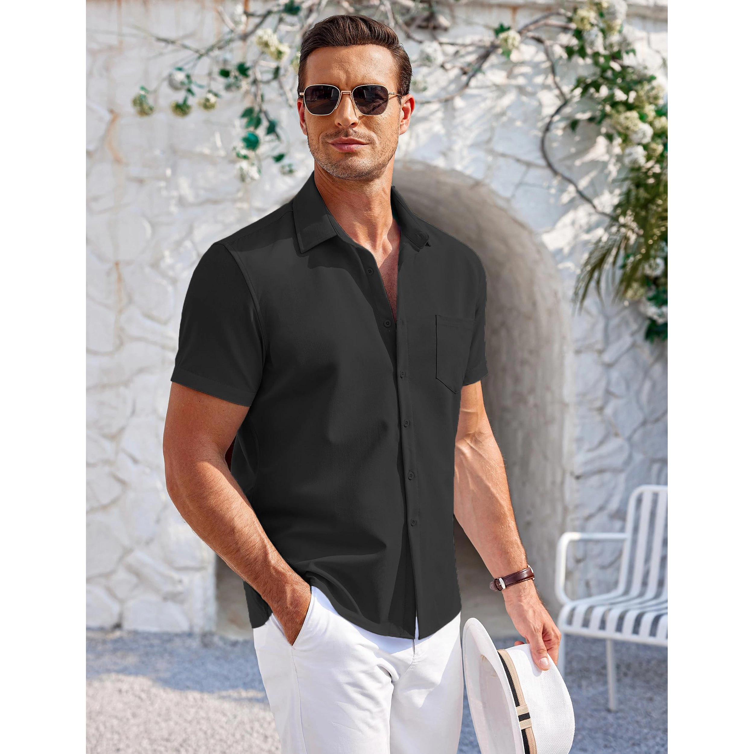 COOFANDY Mens Short Sleeve Button Down Shirts Collared Pocket Casual  Tops