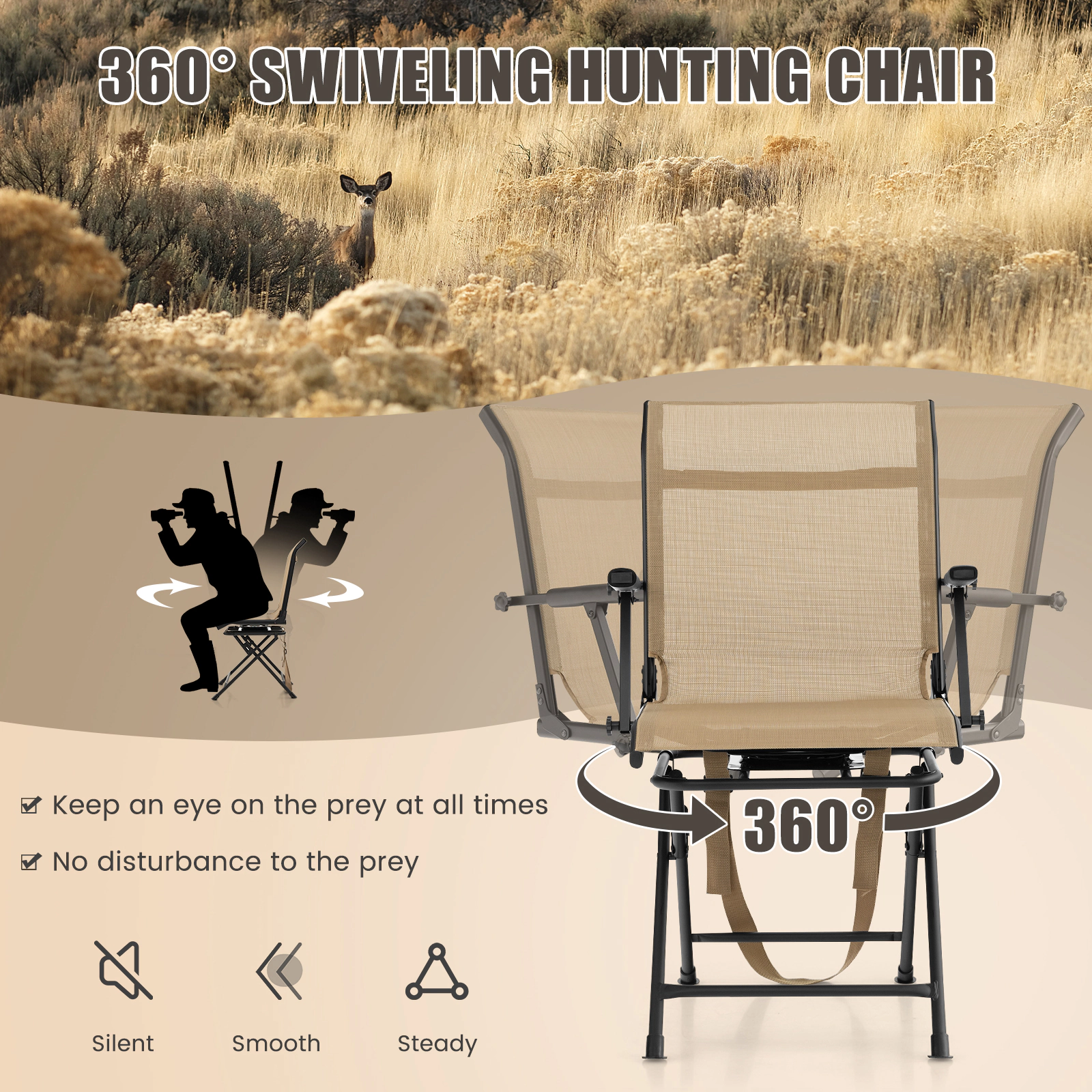 SUGIFT Coffee Folding Swivel Patio Chair with Armrests and Mesh Back 22-in W 21.5-in D 36-in H 330-lb Seat Capacity