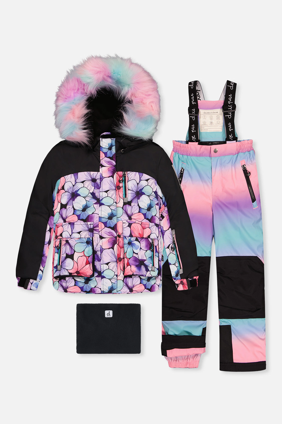 Deux par Girls Floral Print Two Piece Play Snowsuit with Hooded Jacket and Gradient Snow Pants