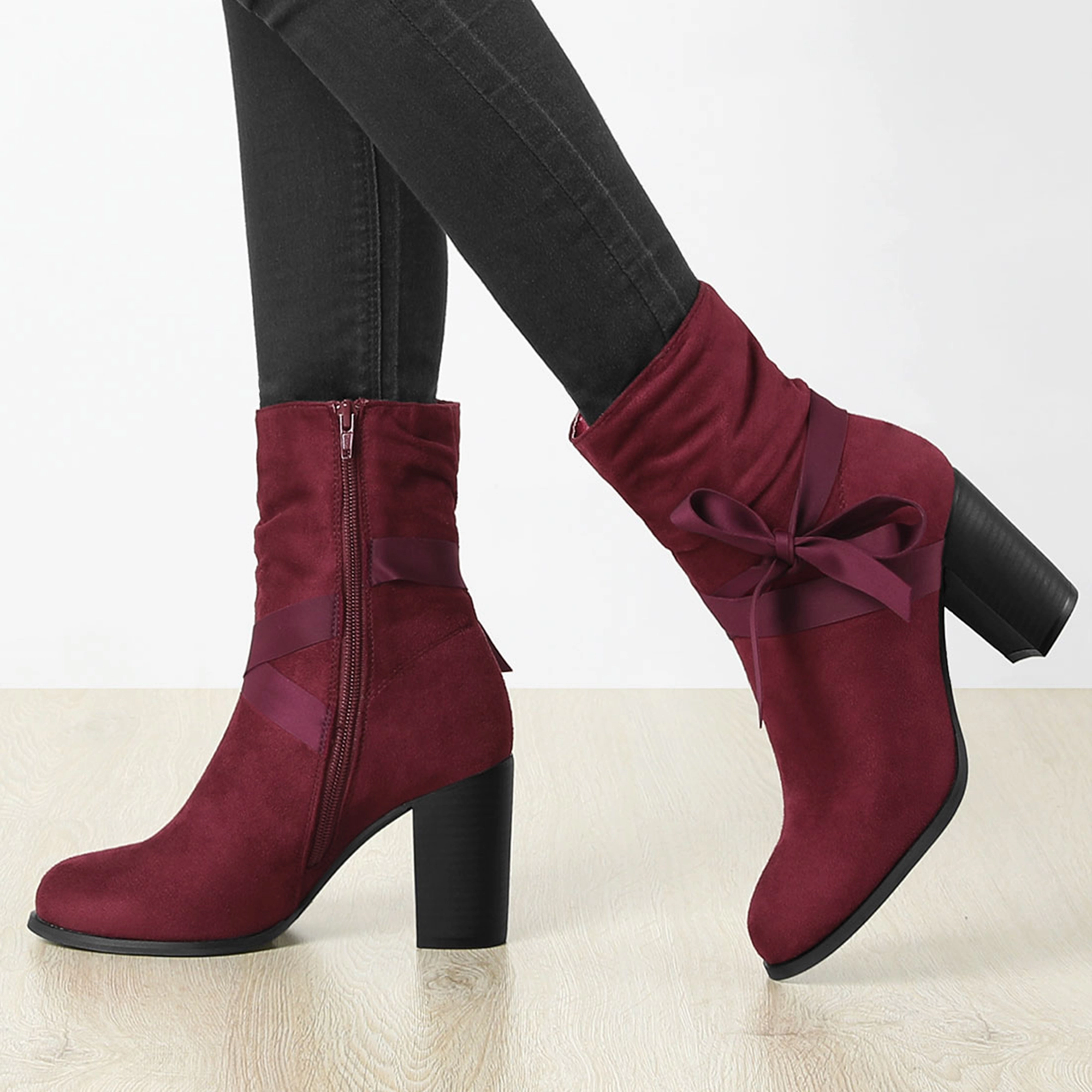 BLISSFUL STEP Women Faux Suede Slouch Chunky Heel Bow Decor Ankle Booties