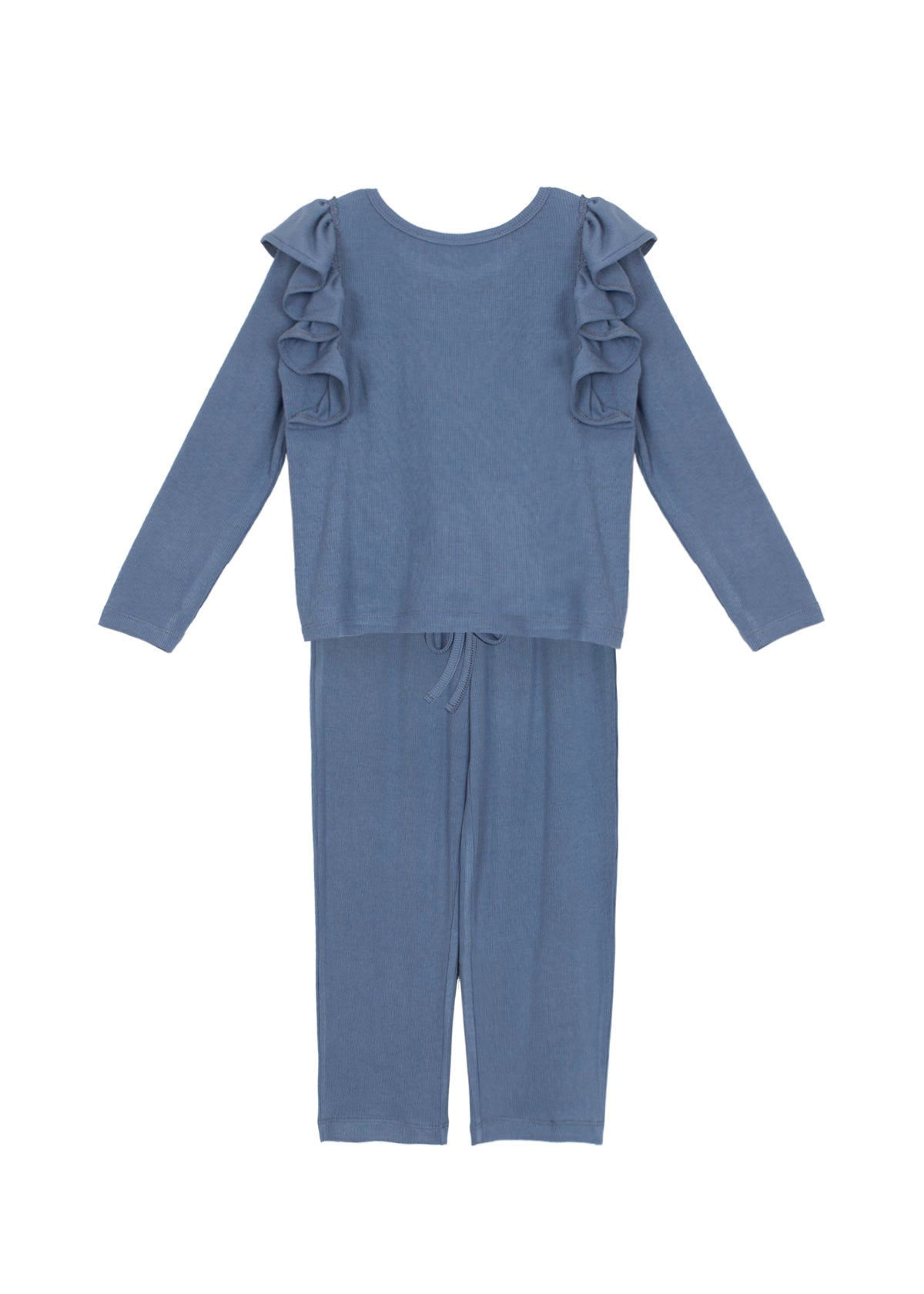Candy Land Ribbed Knit Two-Piece Set - Long-Sleeve Ruffle Top and Jogger Pant, Dusty Blue