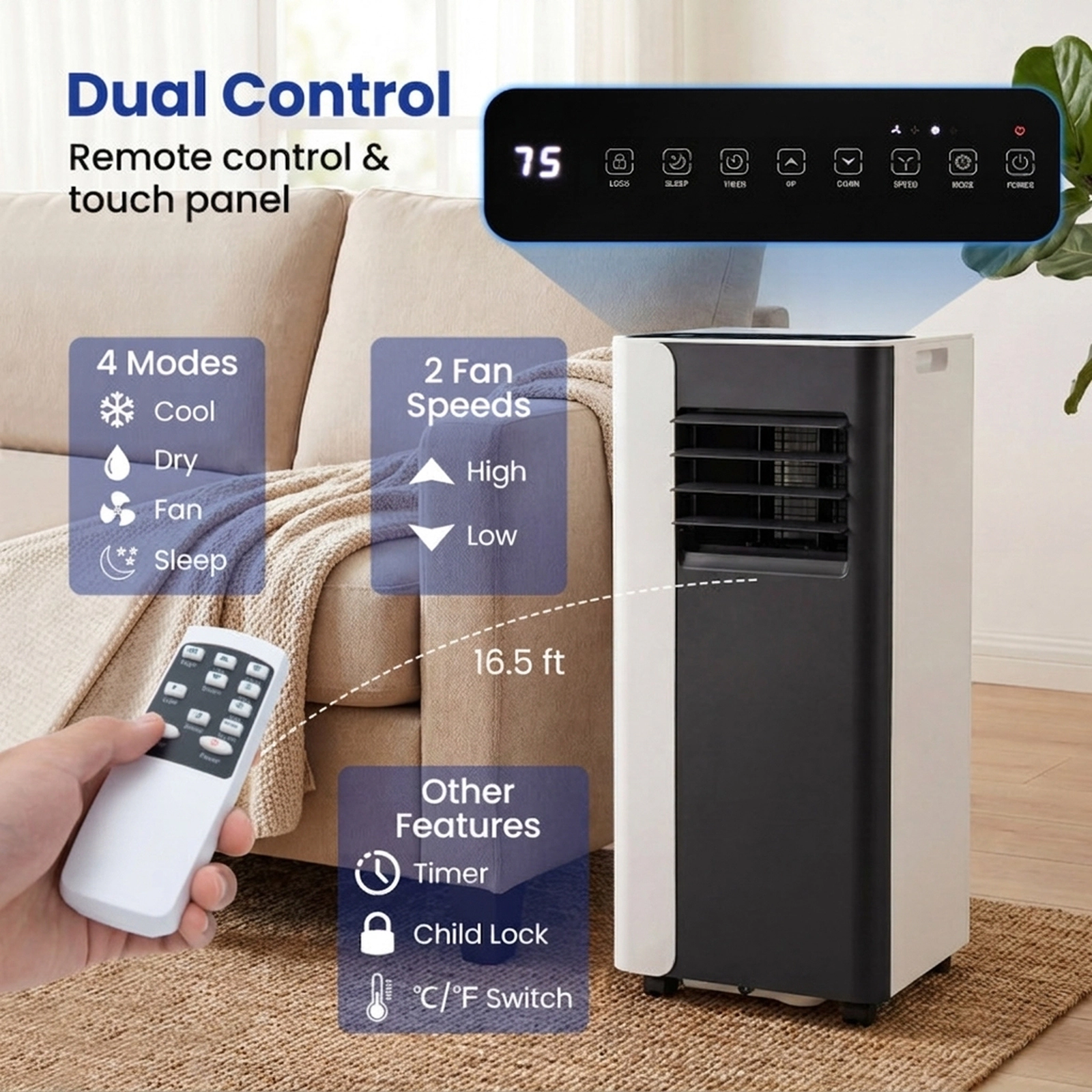 SUGIFT 3-in-1 Portable Air Conditioner with Fan and Dehumidifier 10000 BTU White + Black