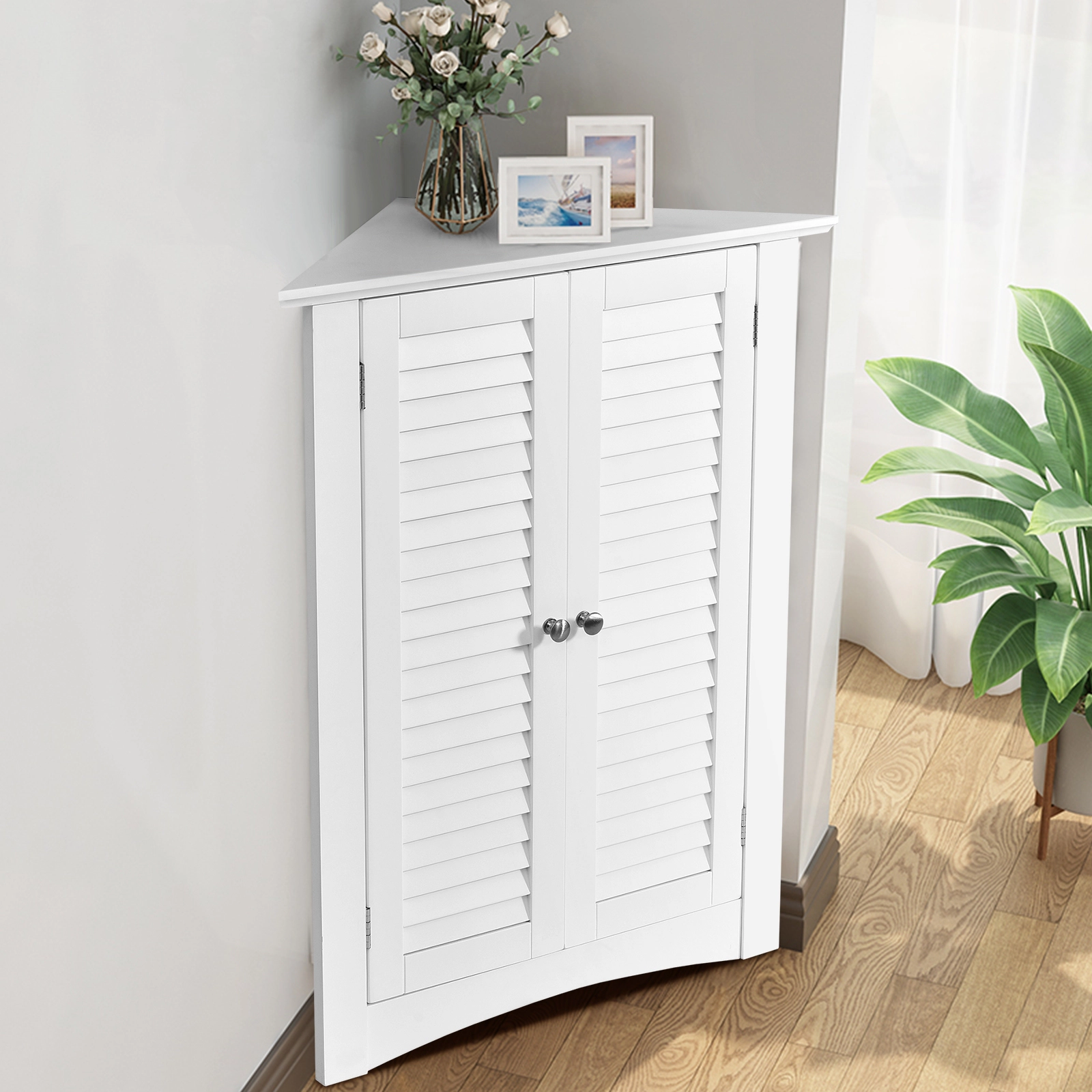 SUGIFT White 66-lb Capacity Corner Bathroom Storage Cabinet with Shutter Doors and Adjustable Shelf