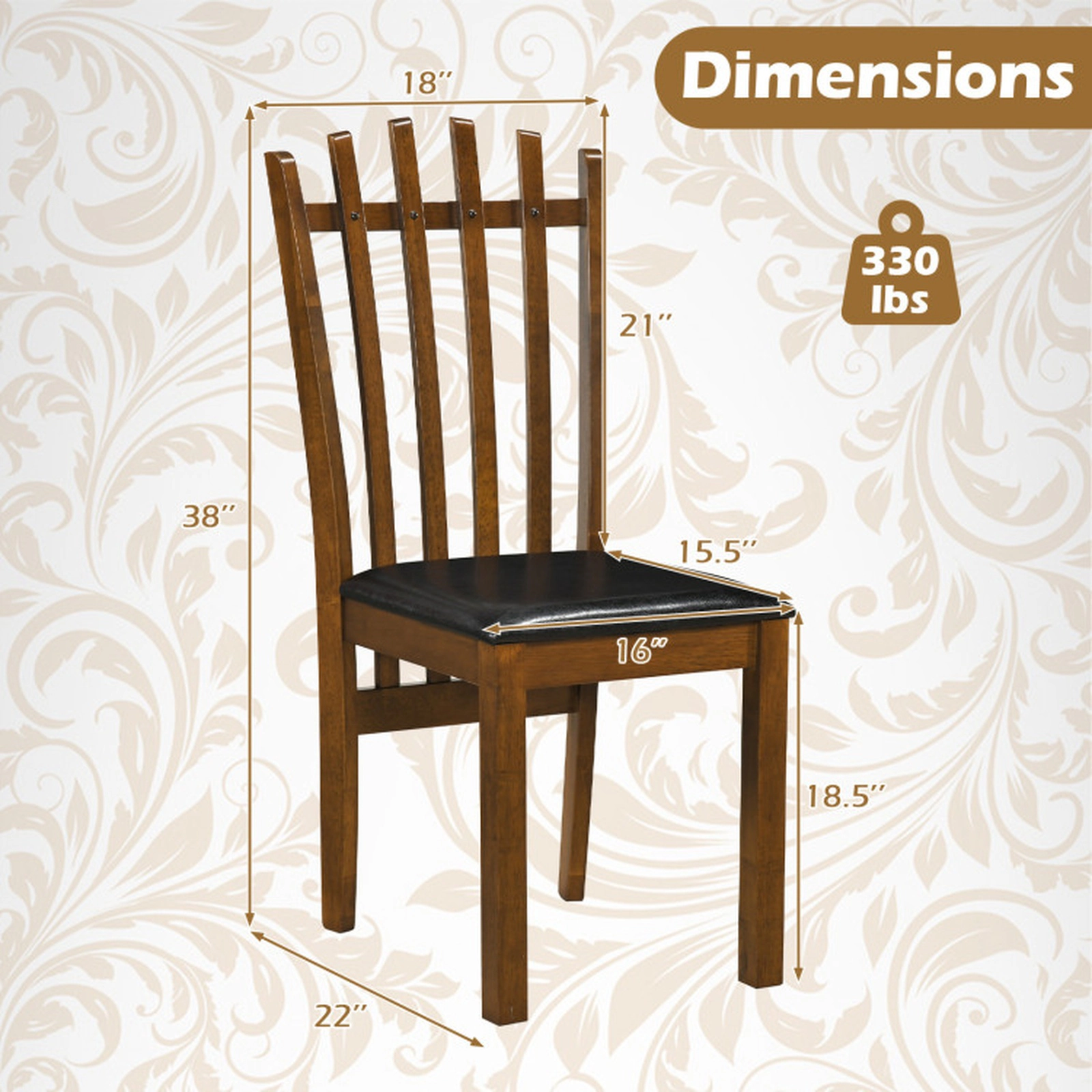 SUGIFT Set of 4 Wooden Dining Chairs with Spindle Back and PU Leather Seat 330-Lb Capacity 38-in Tall Walnut + Black