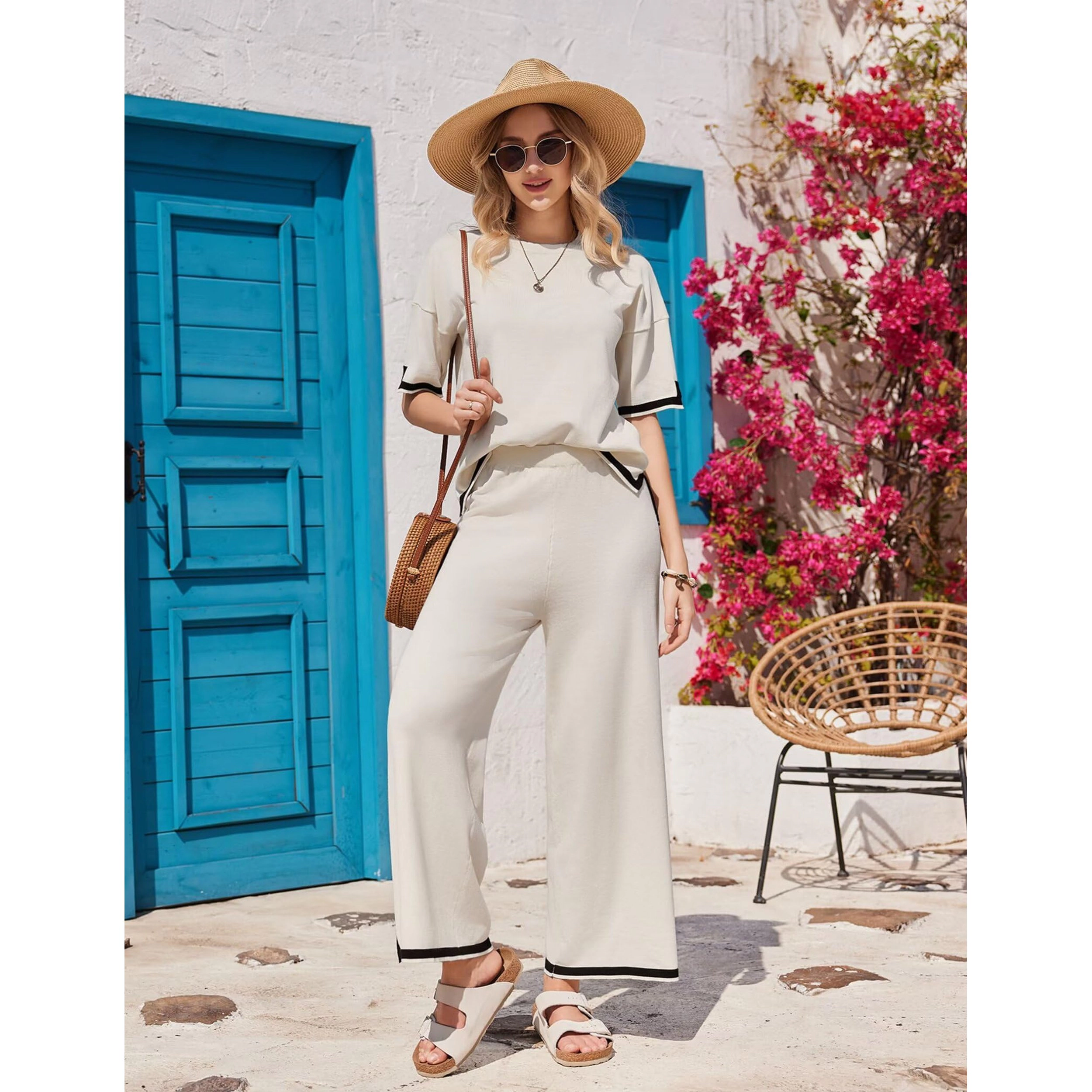 Ekouaer Lounge Set for Women 2 Piece Sets Short Sleeve Sweater Top Wide Leg Long