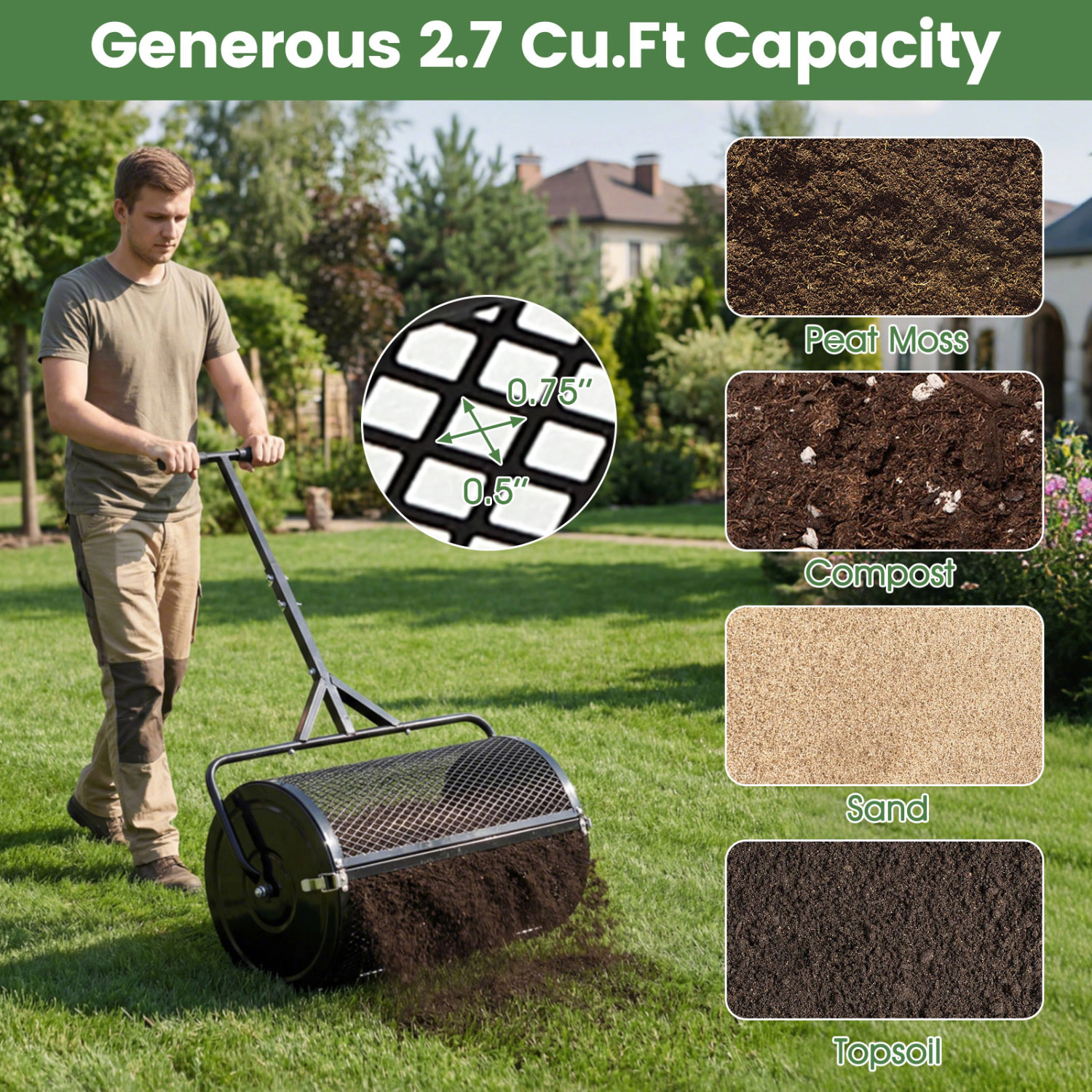LJG 24 Inch Compost Spreader Peat Moss Roller with Height-Adjustable T-Shaped Handle