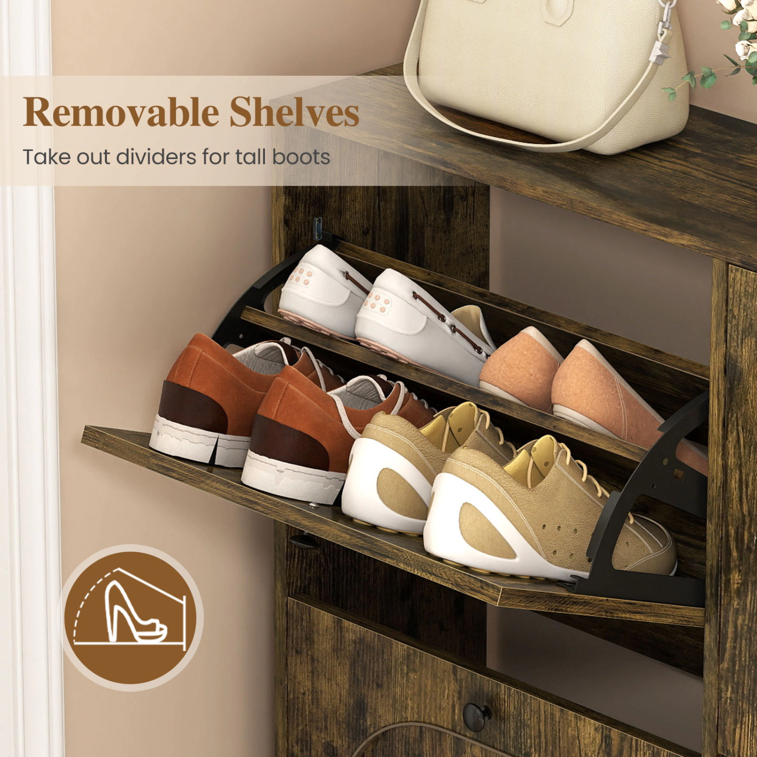 LJG Shoe Storage Cabinet with 4 Flip Drawers and Aluminum Legs