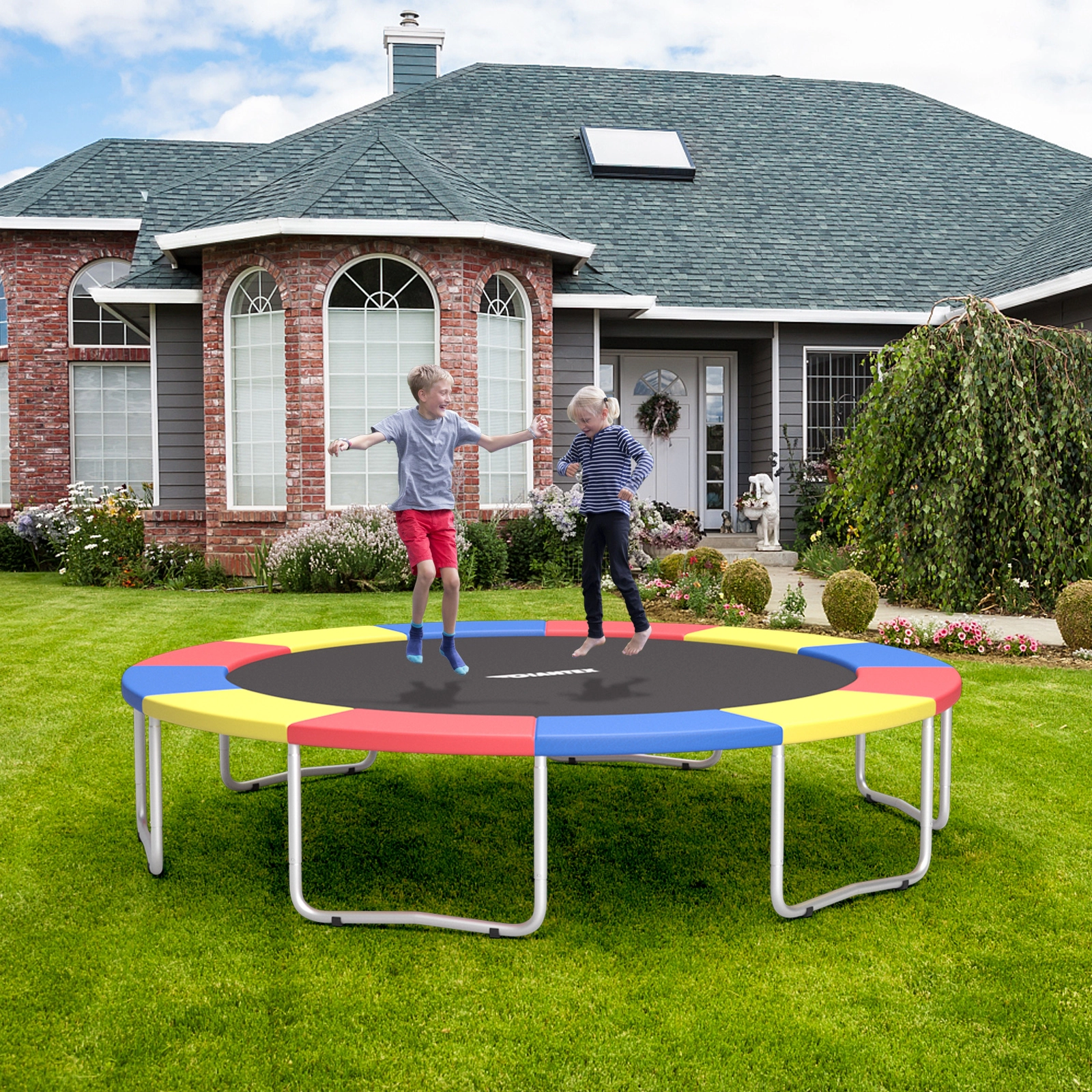 15-ft Trampoline Pad Replacement Weatherproof Spring Cover 11.8-in Padded Top 4-in Skirt Elastic Ties Multicolor
