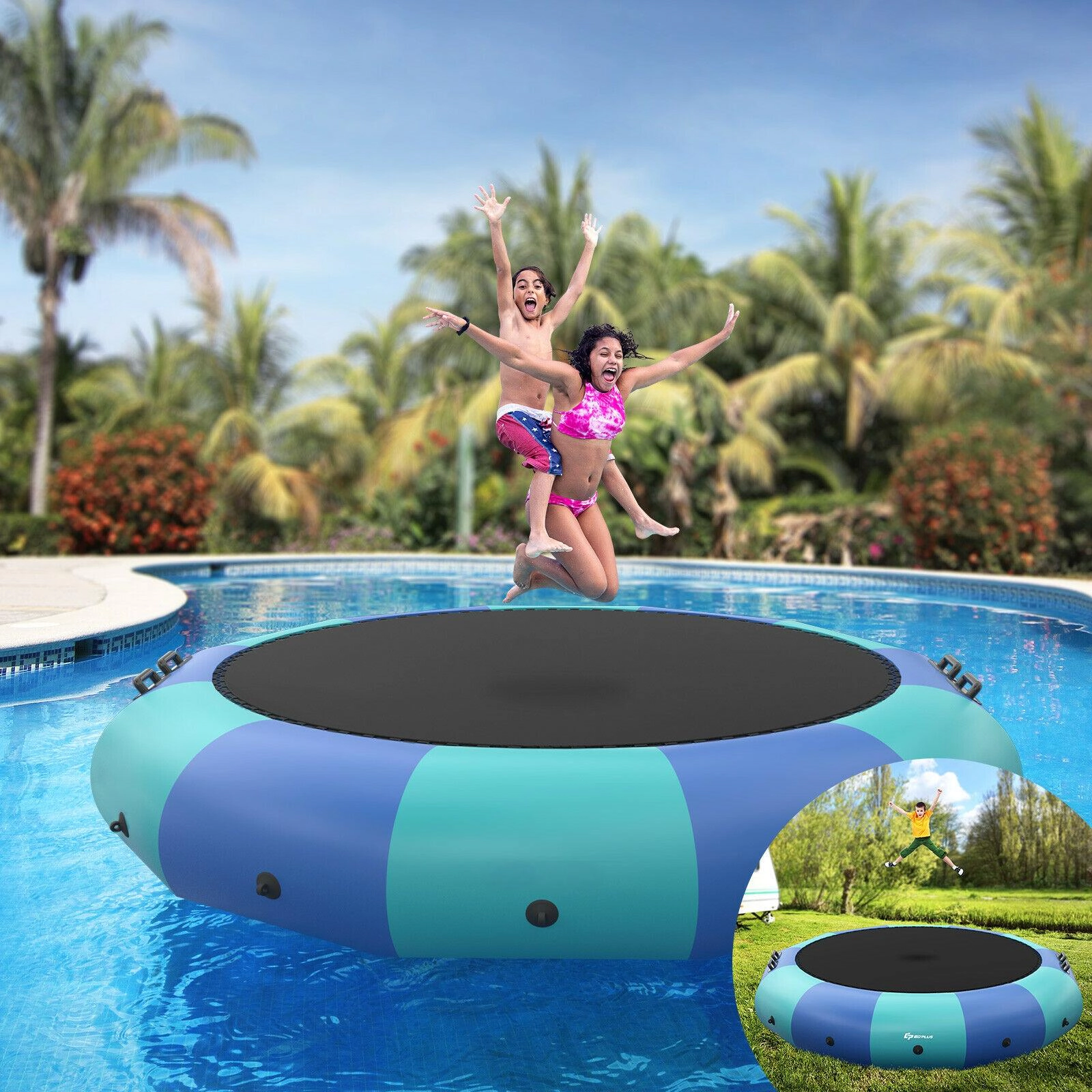 SUGIFT Yellow 15-ft Adult Inflatable Water Bouncer Trampoline with Padded Deck and Anchor 330-lb Total