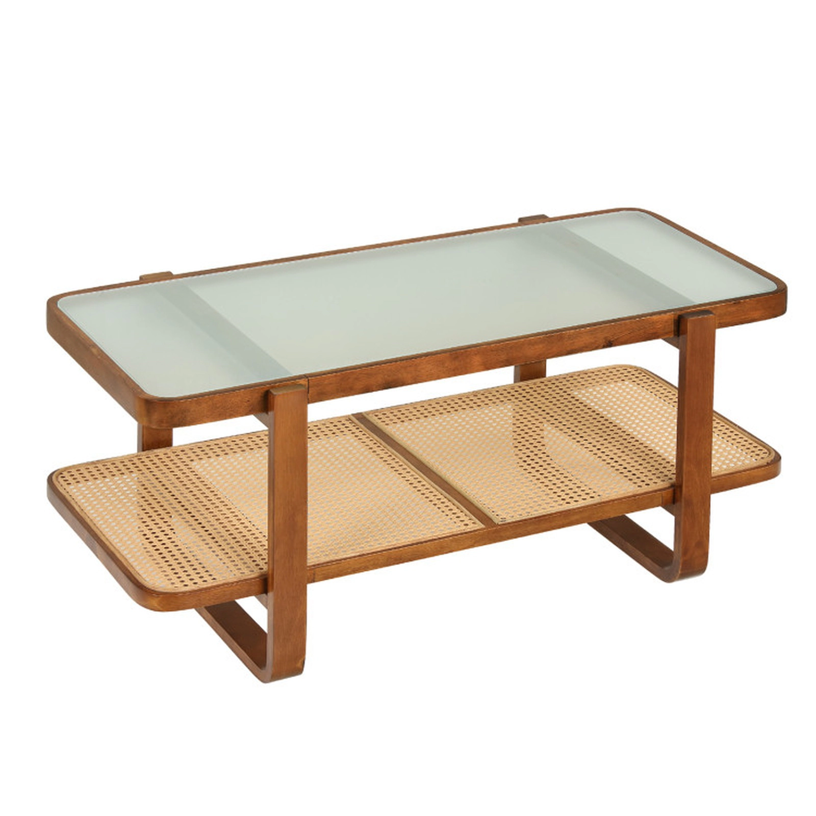 SUGIFT 2-Tier Rattan Coffee Table with Tempered Glass Top and Storage Shelf 41.5 x 20 x 18 in 220-lb Capacity Walnut