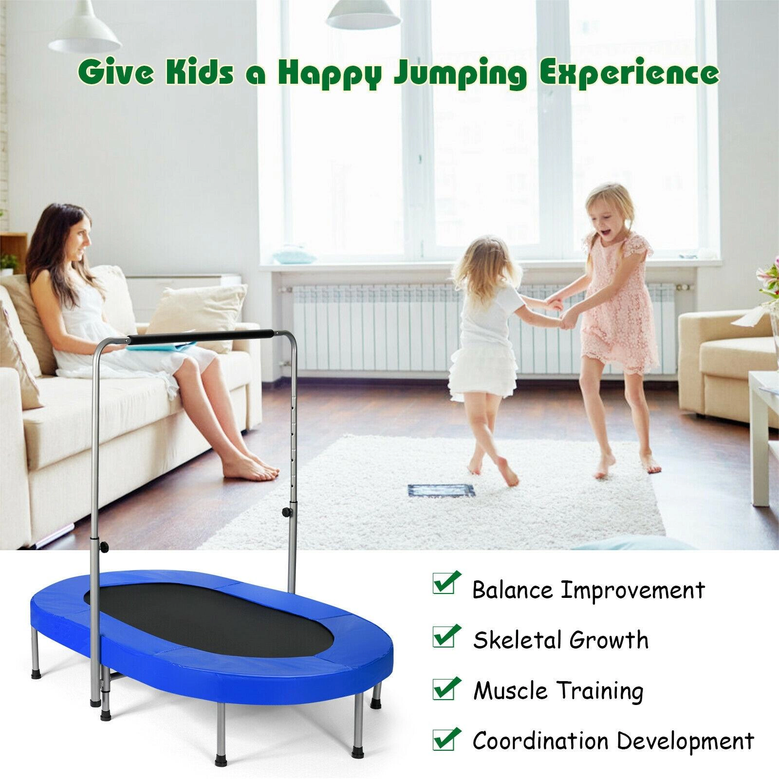 SUGIFT Height-Adjustable 2-Person Foldable Mini Kids Fitness Rebounder Trampoline 330-lb Capacity 59.5-in Wide Blue/Red