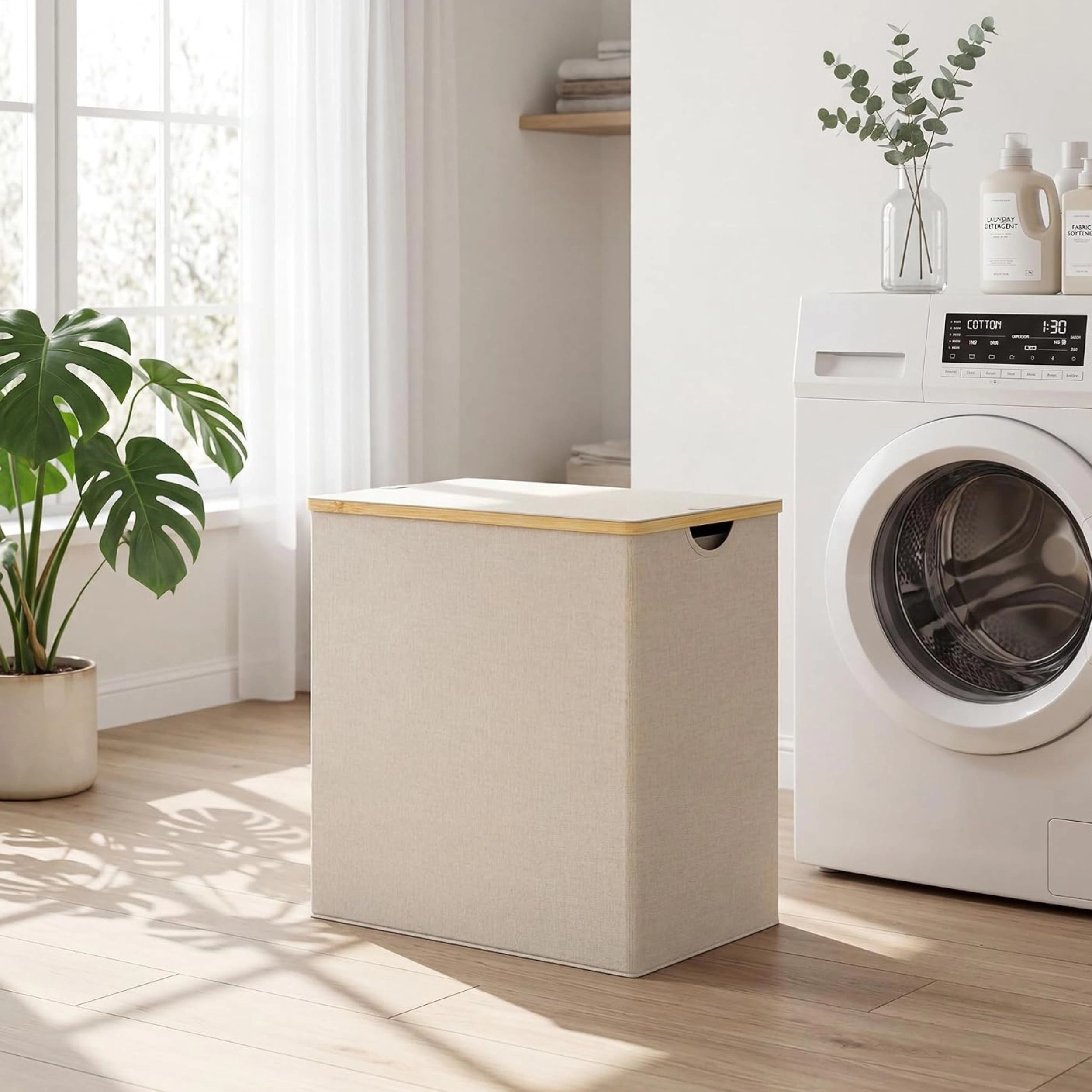 Stock Preferred 140L Double Laundry Hamper with Lid 2 Removable Bags and Bamboo Handles