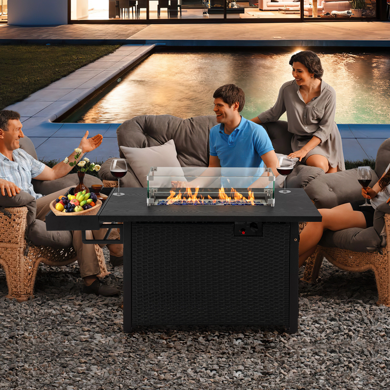 SUGIFT 52-in Rectangle 50000-BTU Propane Gas Fire Pit Table with Wicker Frame Wind Guard and Cover