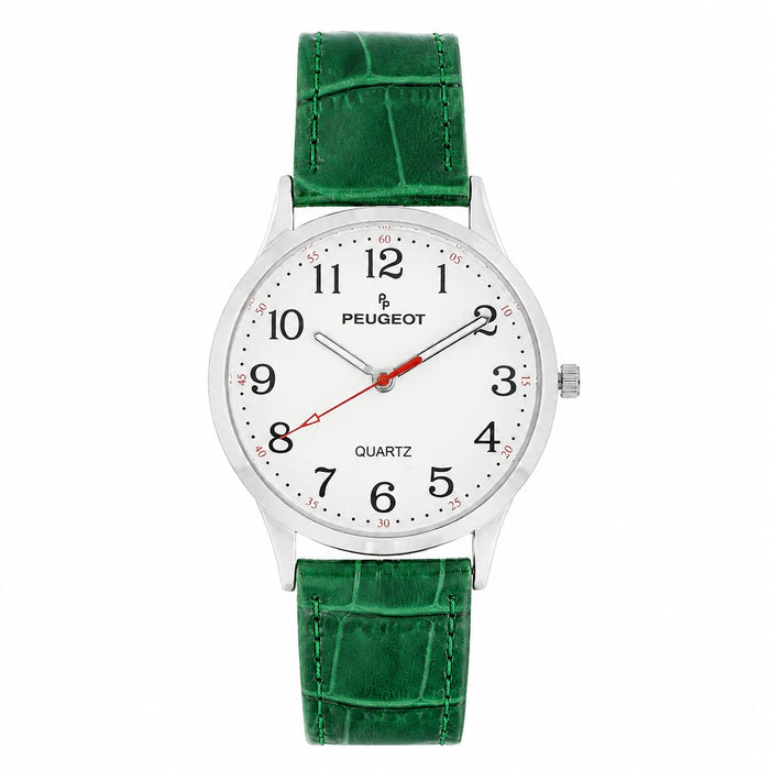 Peugeot Women's 40mm Large Face Watch with Bold Arabic Numerals and Green Leather Band