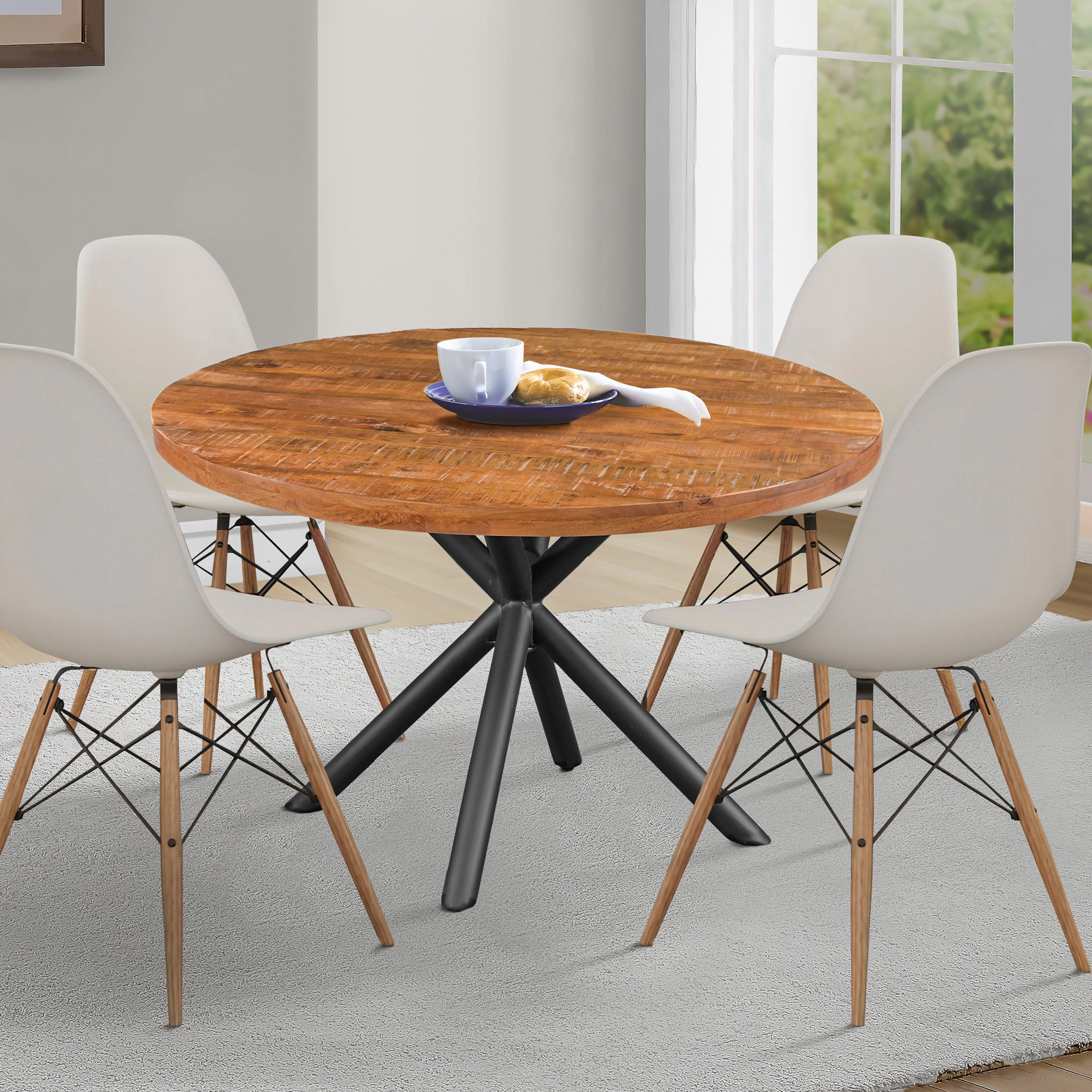 The Urban Port 48 Inch Handcrafted Dining Table, Solid Mango Wood Round Top with Iron Crisscrossed Legs, Brown and Black
