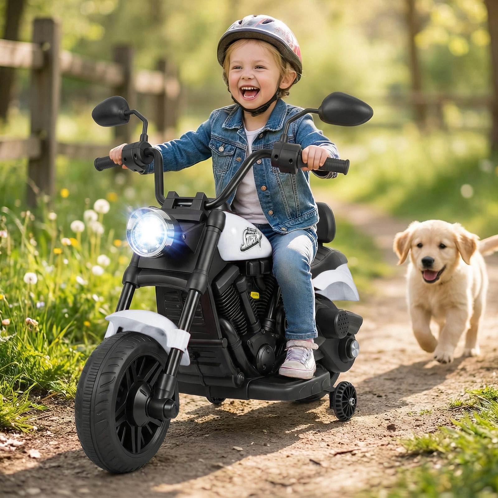 SUGIFT 6V Kids Motorcycle Headlight & Music with Training Wheels 66-lb Capacity over 18 Months 31 x 23 x 22 in White