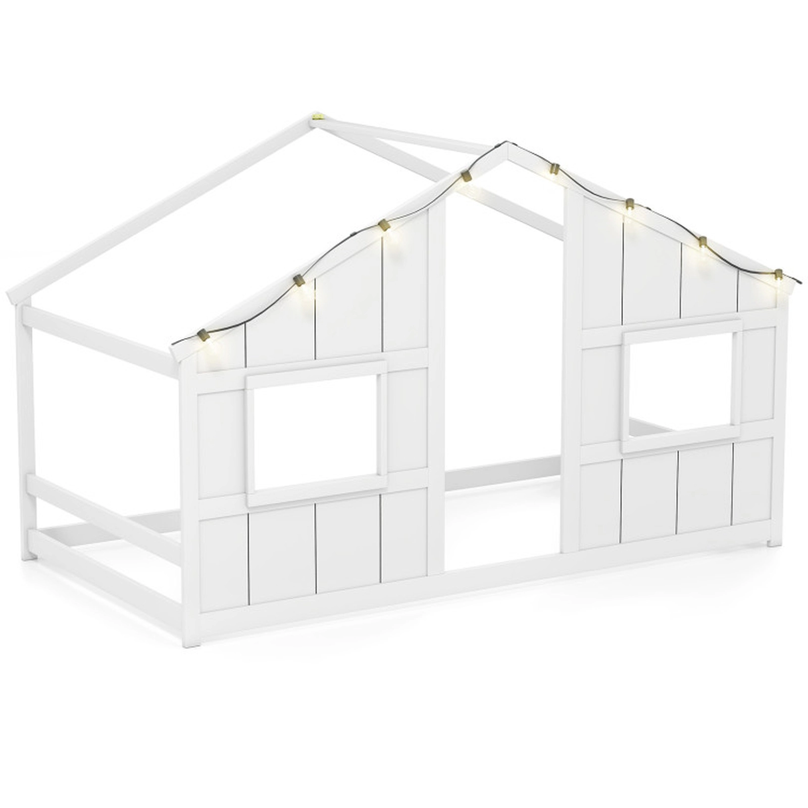 SUGIFT Twin Size White Solid Wood Montessori Kids House Floor Bed with 8 LED Lights Windows and Doorway