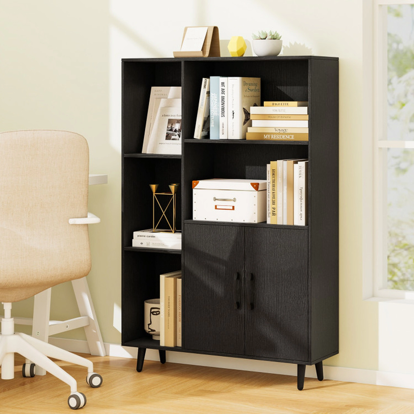 SUGIFT Black 47 in Floor Bookshelf with 5 Open Compartments and 2-Door Cabinet