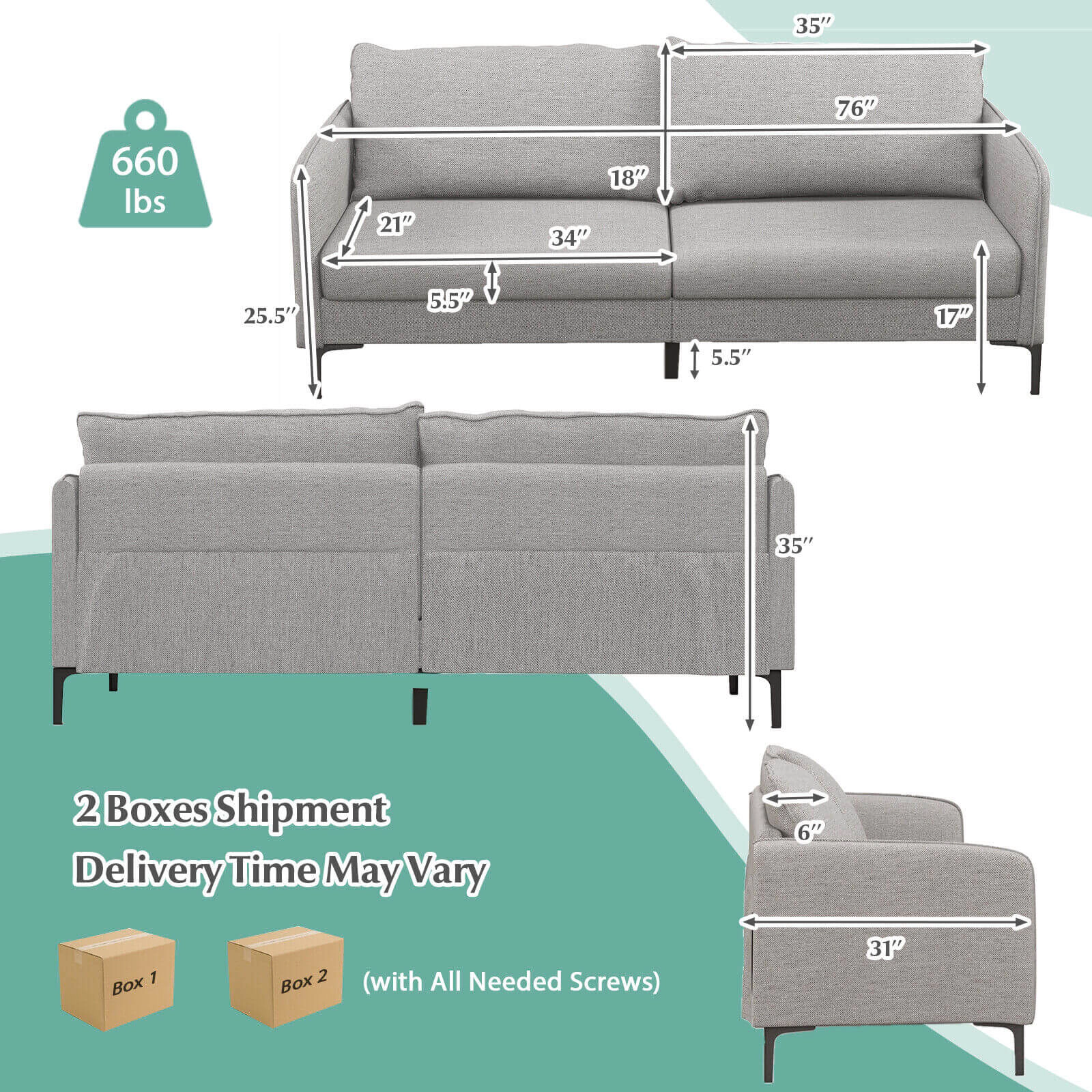 SUGIFT Gray 76-In Modern Loveseat Sofa with 105° Backrest, Metal Legs