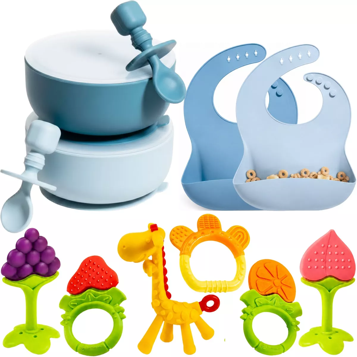 Sperric Silicone Baby Feeding Set - Suction Bowls w/ Lids, Adjustable Bibs, Teething Toys for Babies 0-6 Months BPA Free
