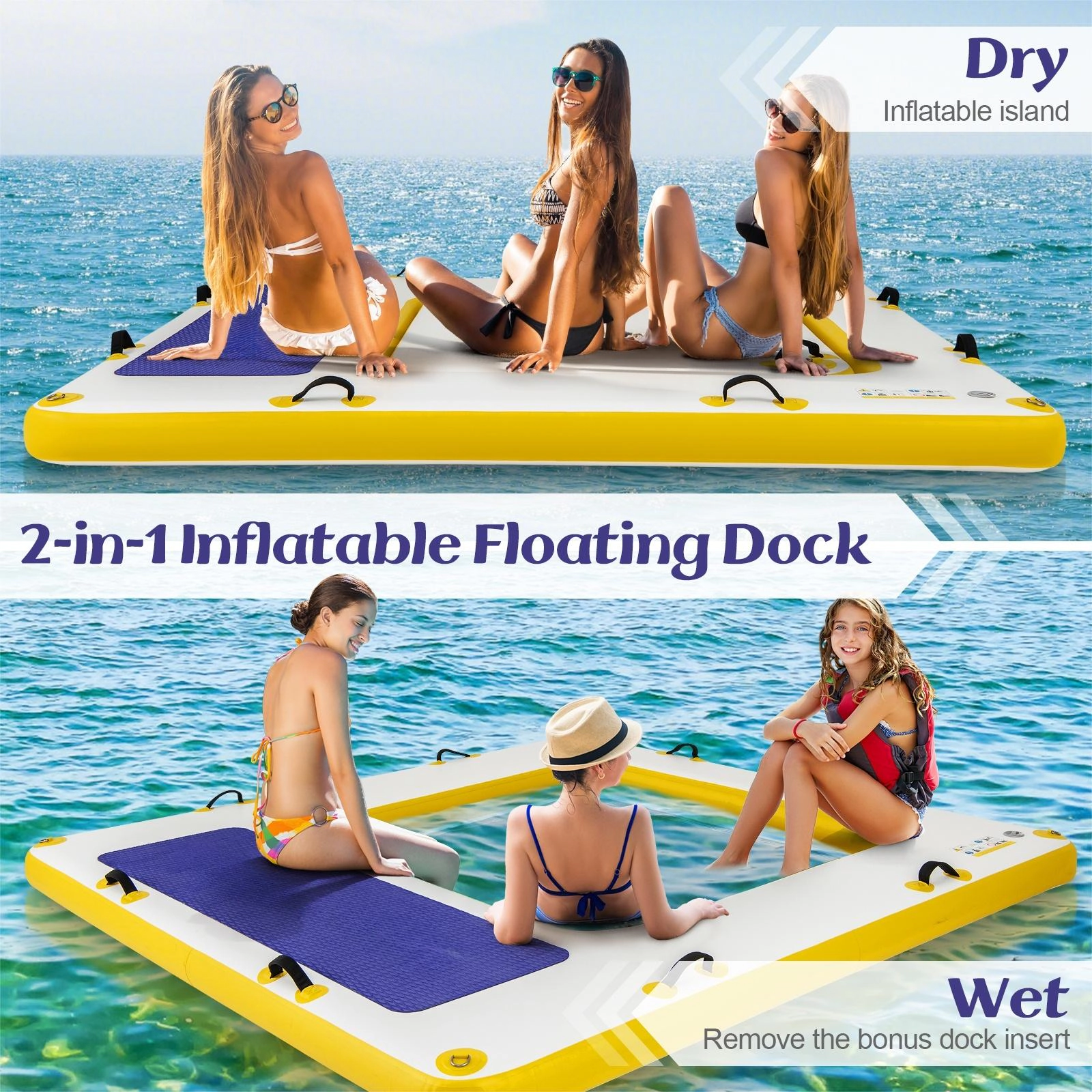 SUGIFT 8 ft x 8 ft Inflatable Floating Dock, 660 lb Capacity, Mesh Swim Lounge, Hand Pump