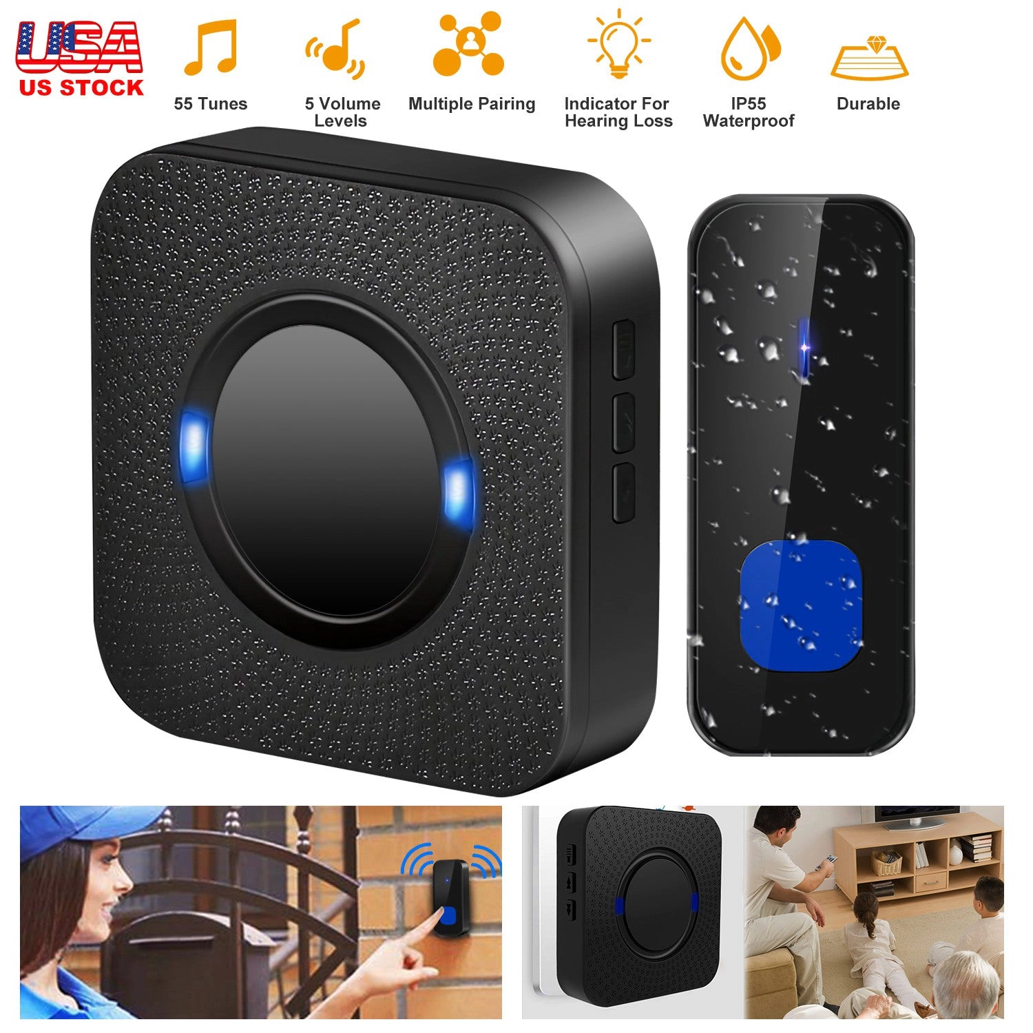 GBruno Wireless Doorbell 984ft Range 55 Chimes