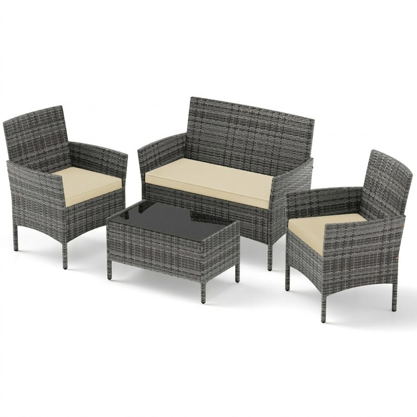 SUGIFT Rattan Conversation Set Tempered Glass Coffee Table 800-lb Loveseat 400-lb Chairs 110-lb Table Capacity Beige