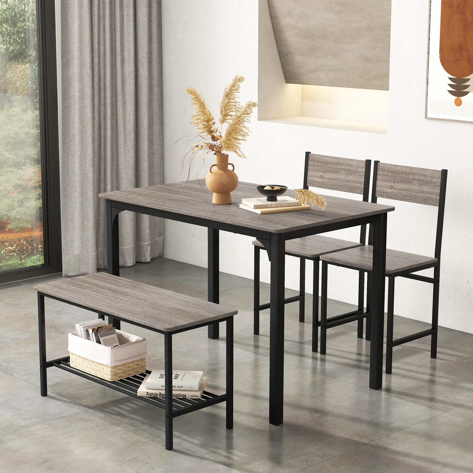 SUGIFT 4-Piece 43-Inch Dining Table Set, Rustic Brown, Bench, 2 Chairs, Storage Rack