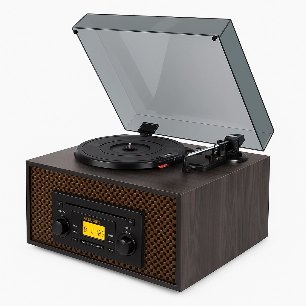 Memorex MX-TT700 7-in-1 Wooden Music Center - 3-Speed Turntable, Cassette, CD/MP3, Bluetooth