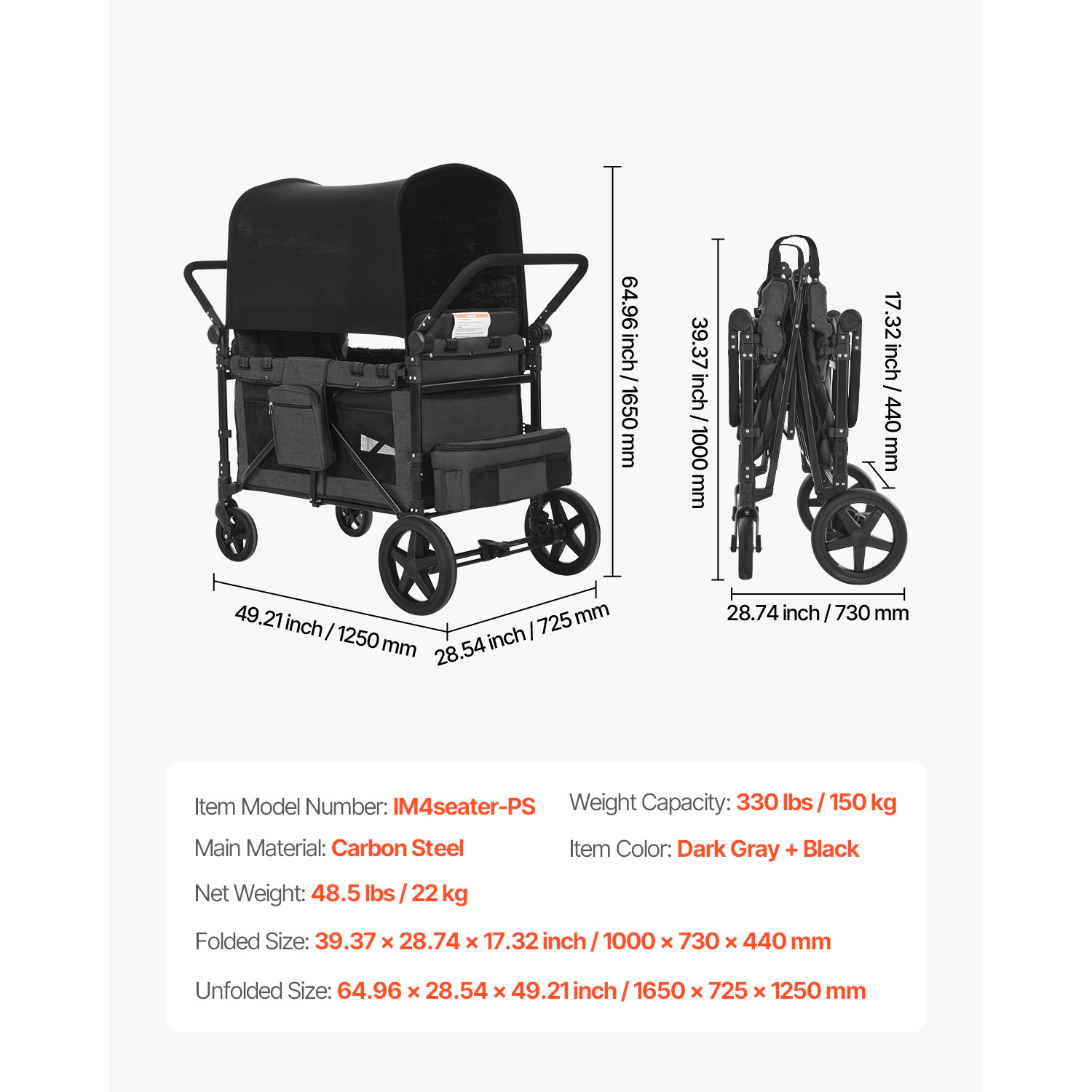 HONGGE 4-Seater Wagon Stroller for Kids, Foldable with 330 lb Capacity, Adjustable Handle, Dark Gray & Black