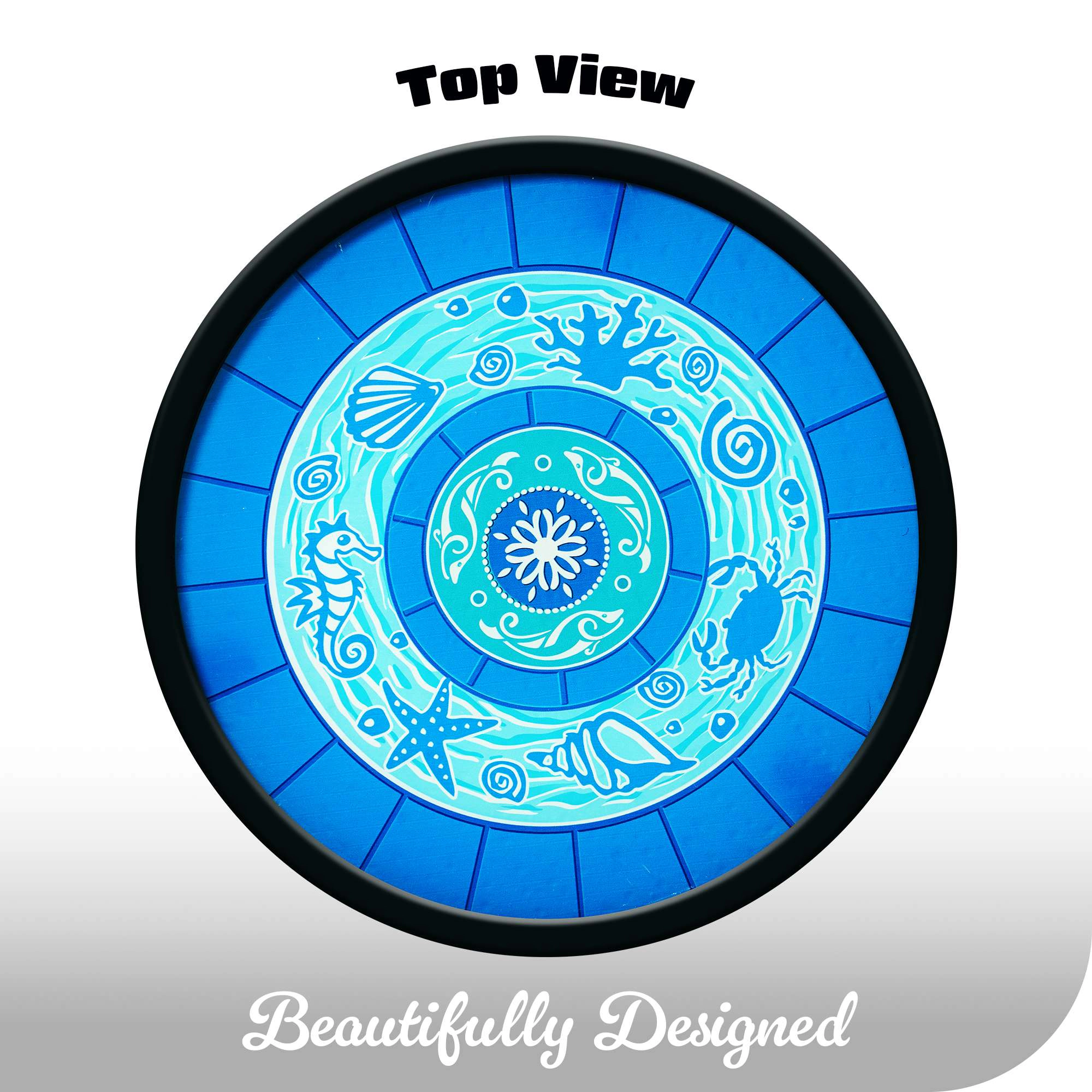 G128 12in Round Glass Outdoor Side Table Ocean Pattern - Foldable Anti-Rust Metal Patio Table
