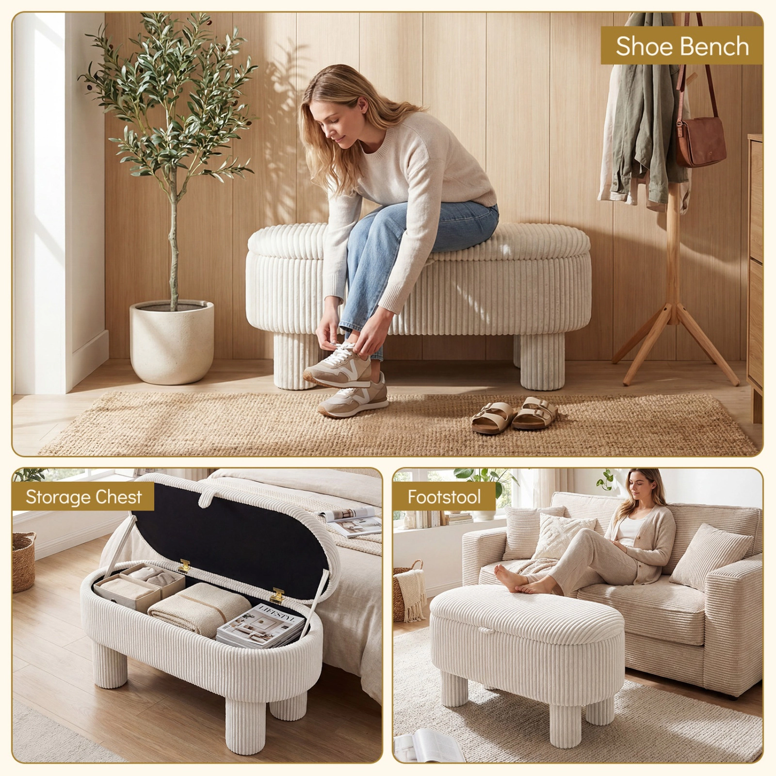 SUGIFT 42-in Corduroy Upholstered Storage Ottoman Bench Hidden Compartment 400-lb Seat Capacity 110-lb Compartment