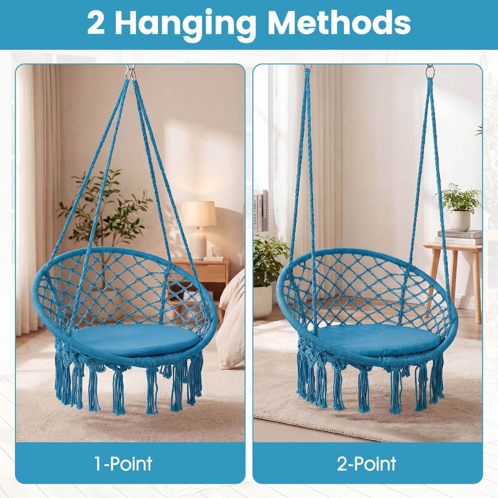 SUGIFT Macrame Hammock Swing Chair with Round Seat Cushion 330-Lb Capacity 31.5-in Wide Indoor Outdoor Blue