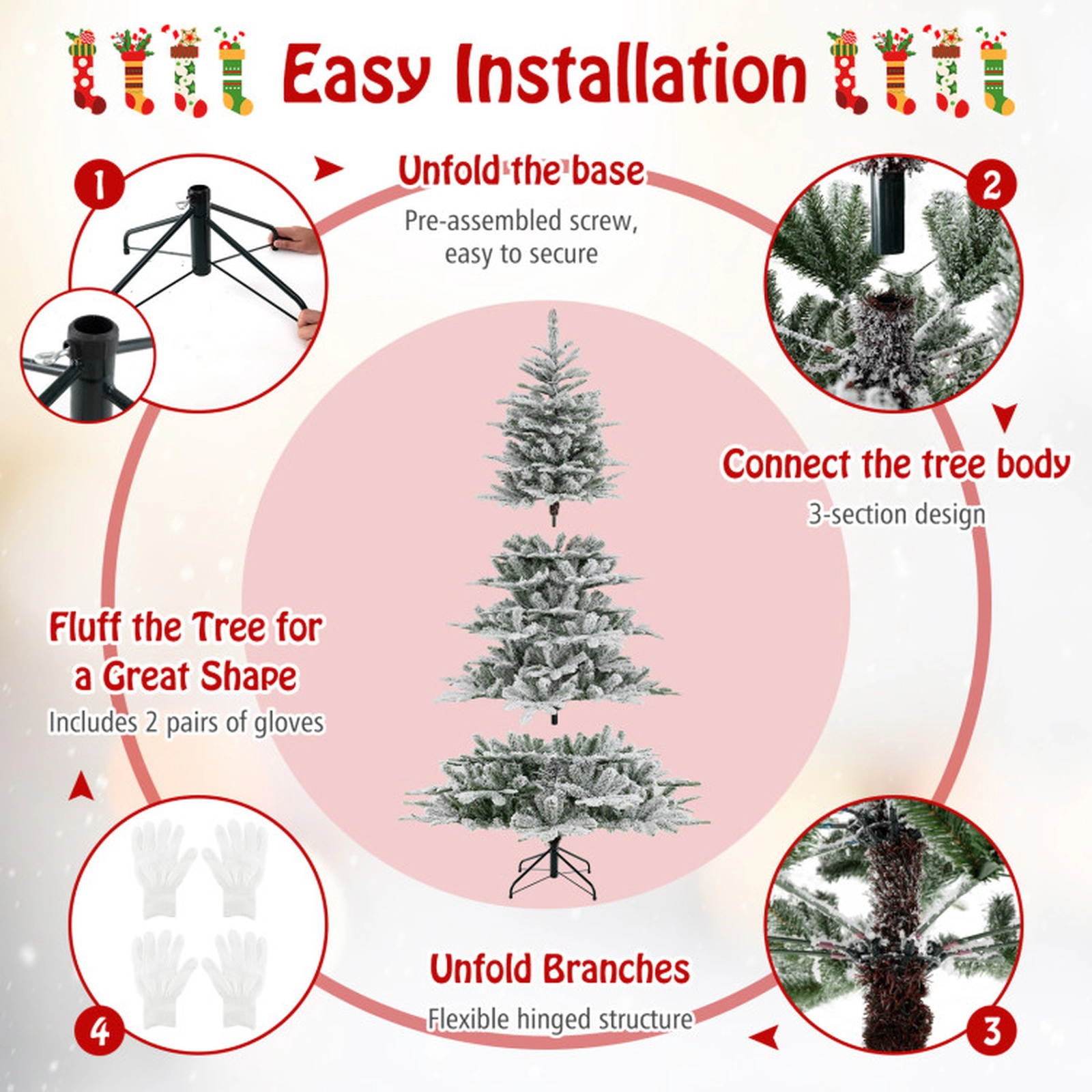 SUGIFT Snow Flocked Artificial Christmas Tree with Cool White LED Lights 7-ft Hinged Green+White