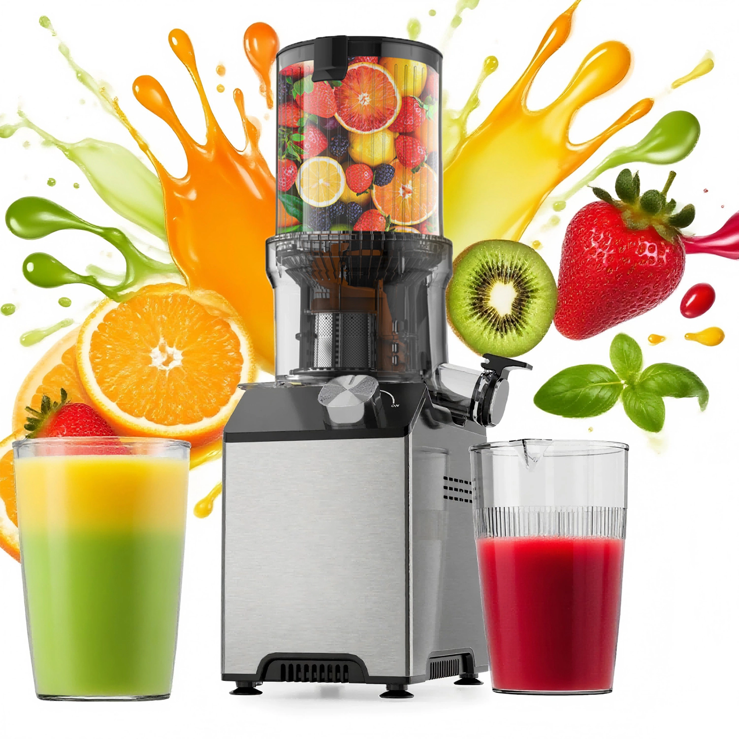 WHALL Cold Press Juicer Machine, Extra Large Feed Chute Slow Masticating Juicer for Whole Fruits & Vegetables, Silver