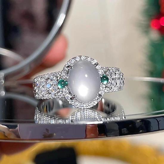 Vintage Oval Cabochon Moonstone Ring With Emerald Accents Pave Cubic Zirconia