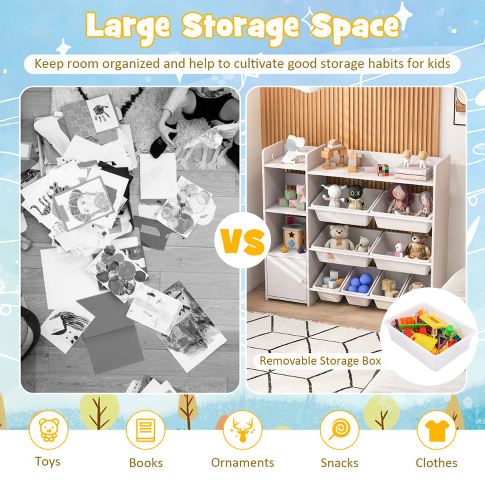 SUGIFT 4-Tier 265-lb Capacity Kids Toy Storage Organizer and Bookshelf with 8 Removable Bins and Door Cabinet