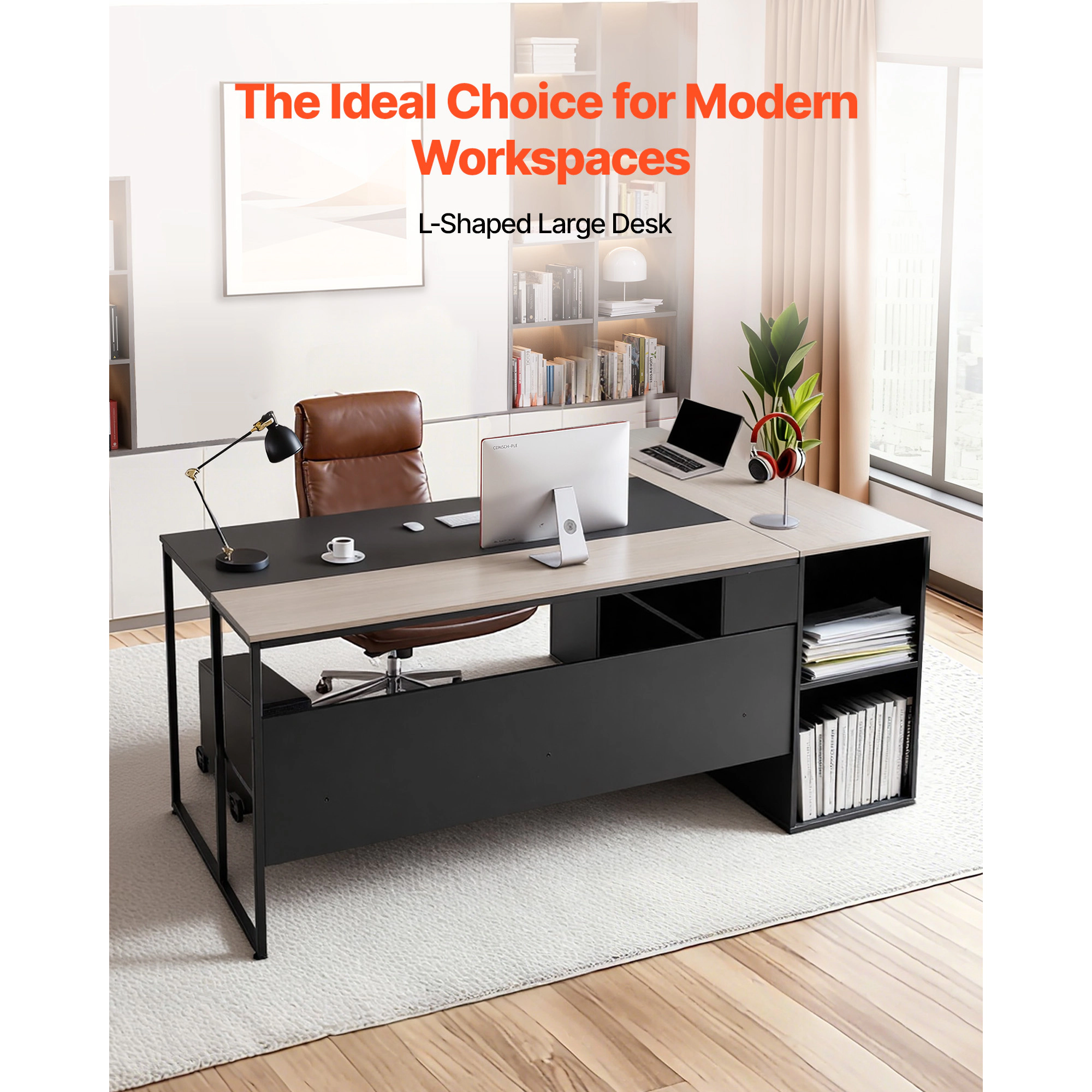 HONGGE Large Modern L-Shaped Executive Desk with Drawers, Storage Cabinet, Heavy Duty Wooden Table