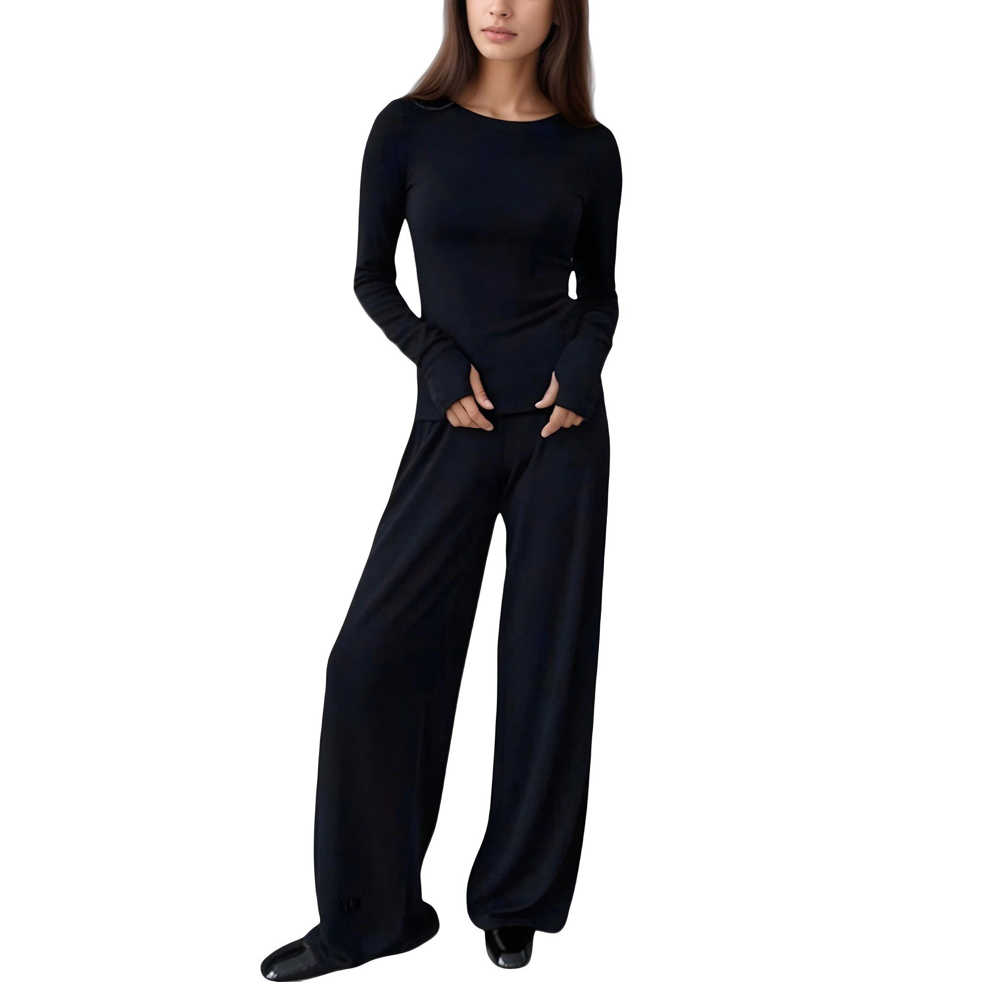 Anna-Kaci Women's Long Sleeve Woven Pajama Set with Fitted Crew Neck Top and Wide Leg Pants