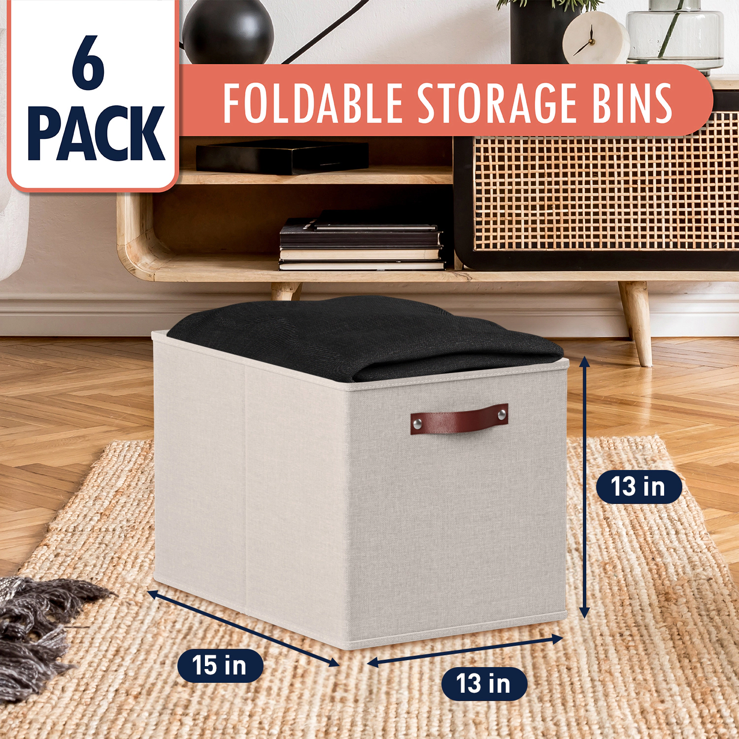 Ornavo Home 6 Pack 15x13x13 Collapsible Linen Storage Cube Bin with Faux Leather Handles