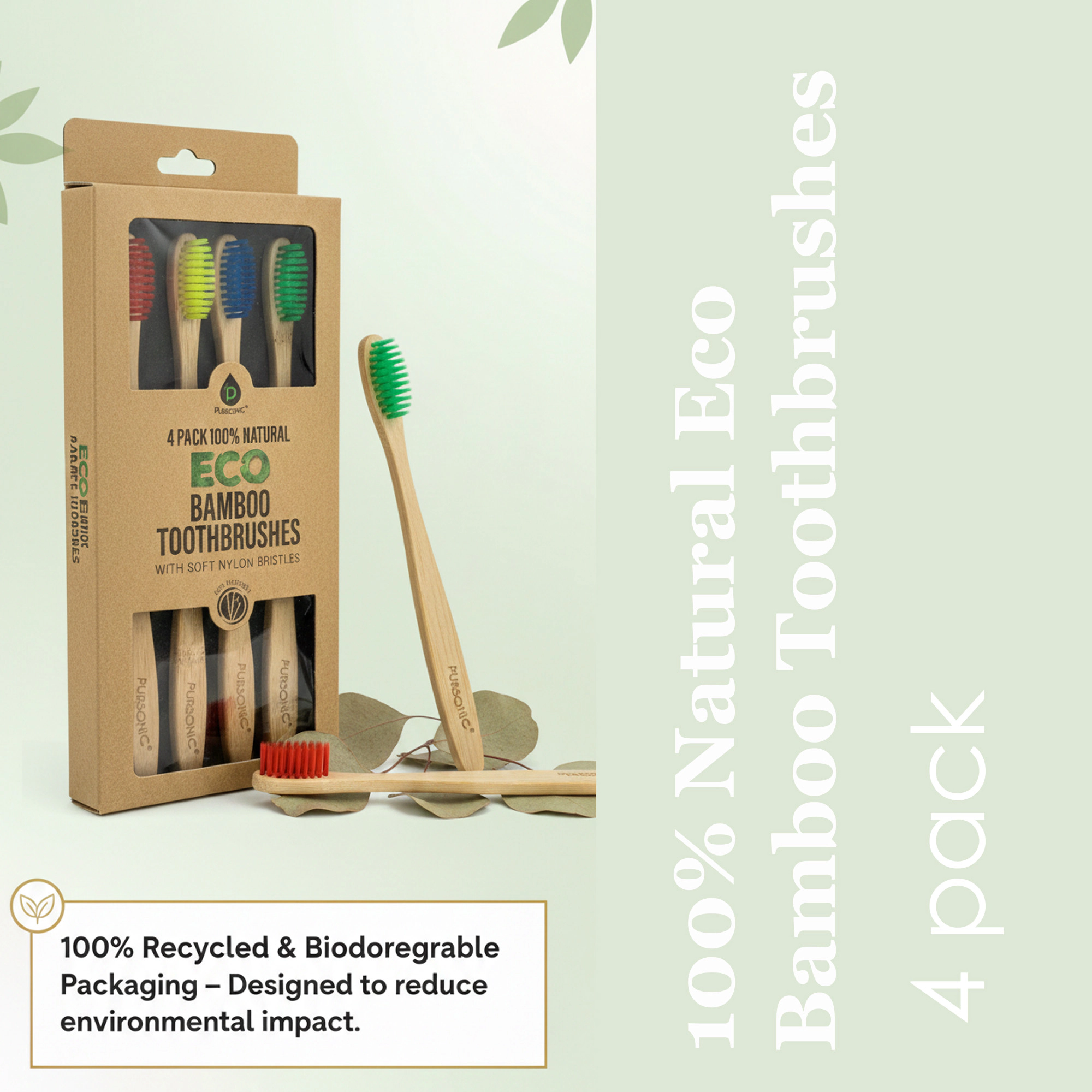 Pursonic Unisex 100% Natural Eco Bamboo Toothbrushes – 4 Pack