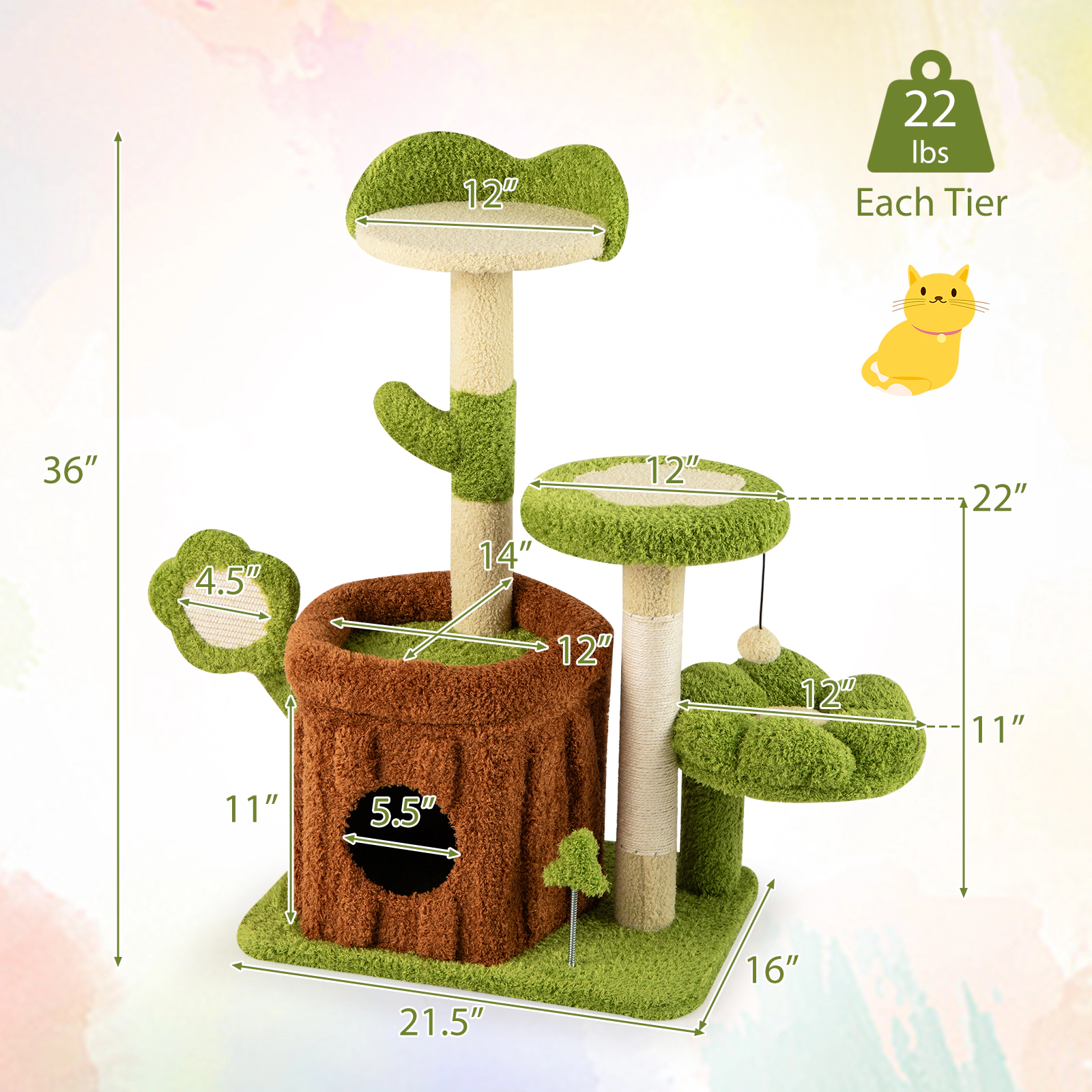 SUGIFT Trunk Condo Cat Tree Indoor Pet Jungle Activity Center 36-in Tall Flower Perches 22-lb Capacity Green + Brown