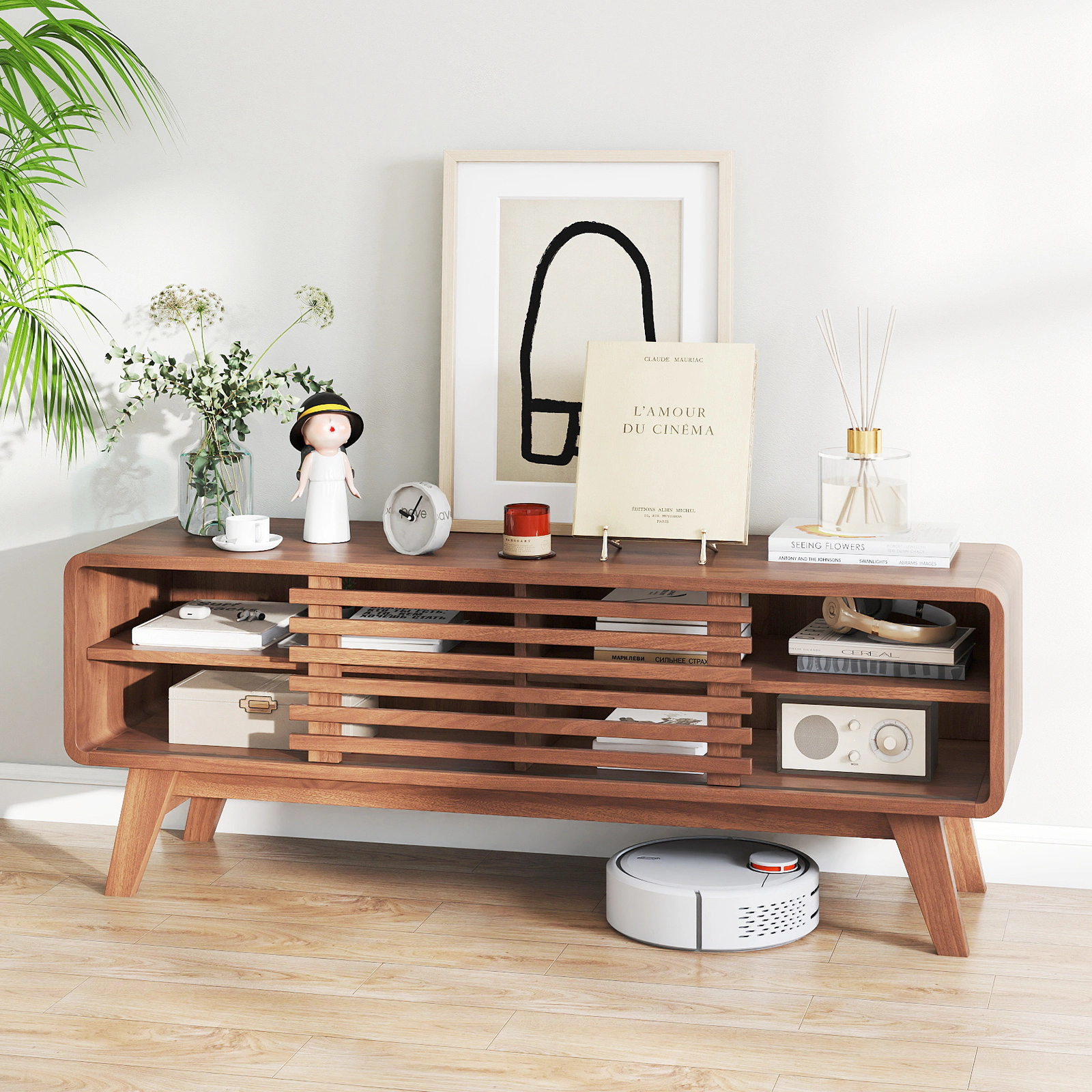 SUGIFT Sliding Door TV Stand for TVs up to 55 in with Adjustable Shelves 220-lb Top Capacity Walnut